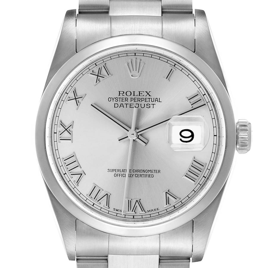 The Rolex Datejust watch is shown from the front, displaying the dial, hands, date window, crown, and bracelet.