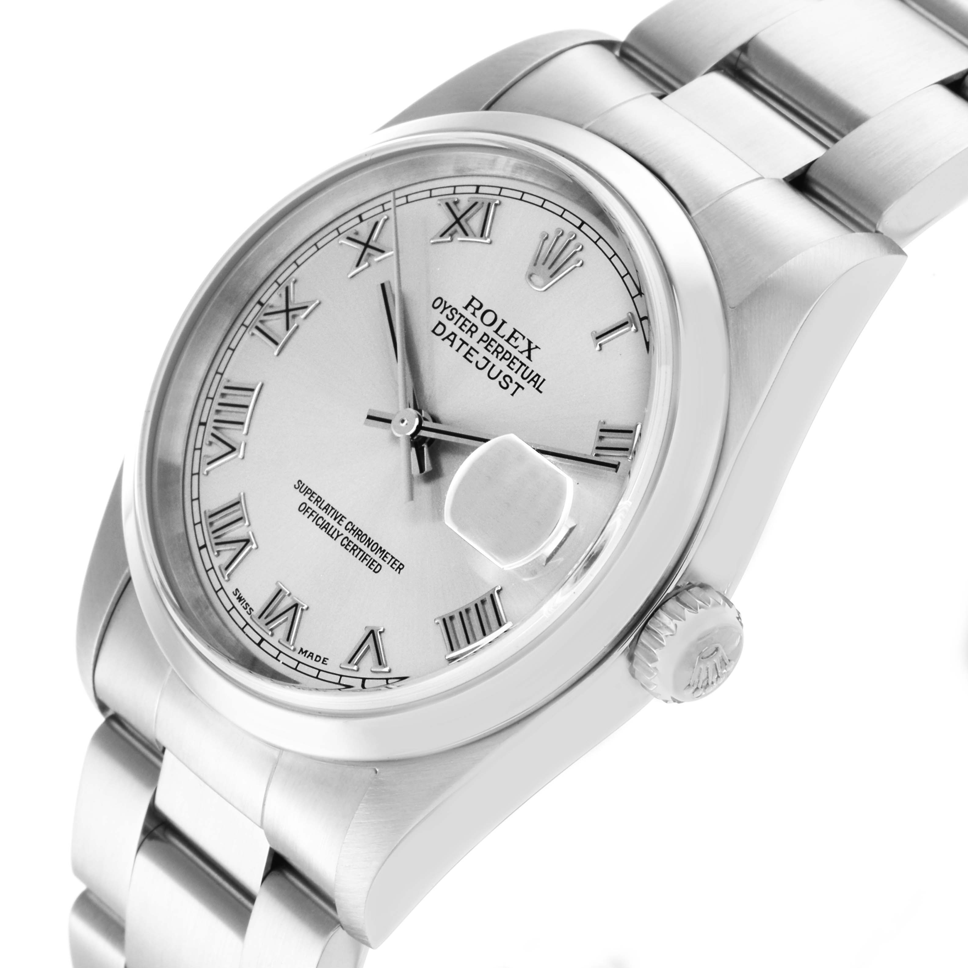 The Rolex Datejust 16200 Men
s Stainless Steel Silver Dial 16200 Men
s Stainless Steel Silver Dial is shown at an angle highlighting the face, bezel, crown, and part of the bracelet.