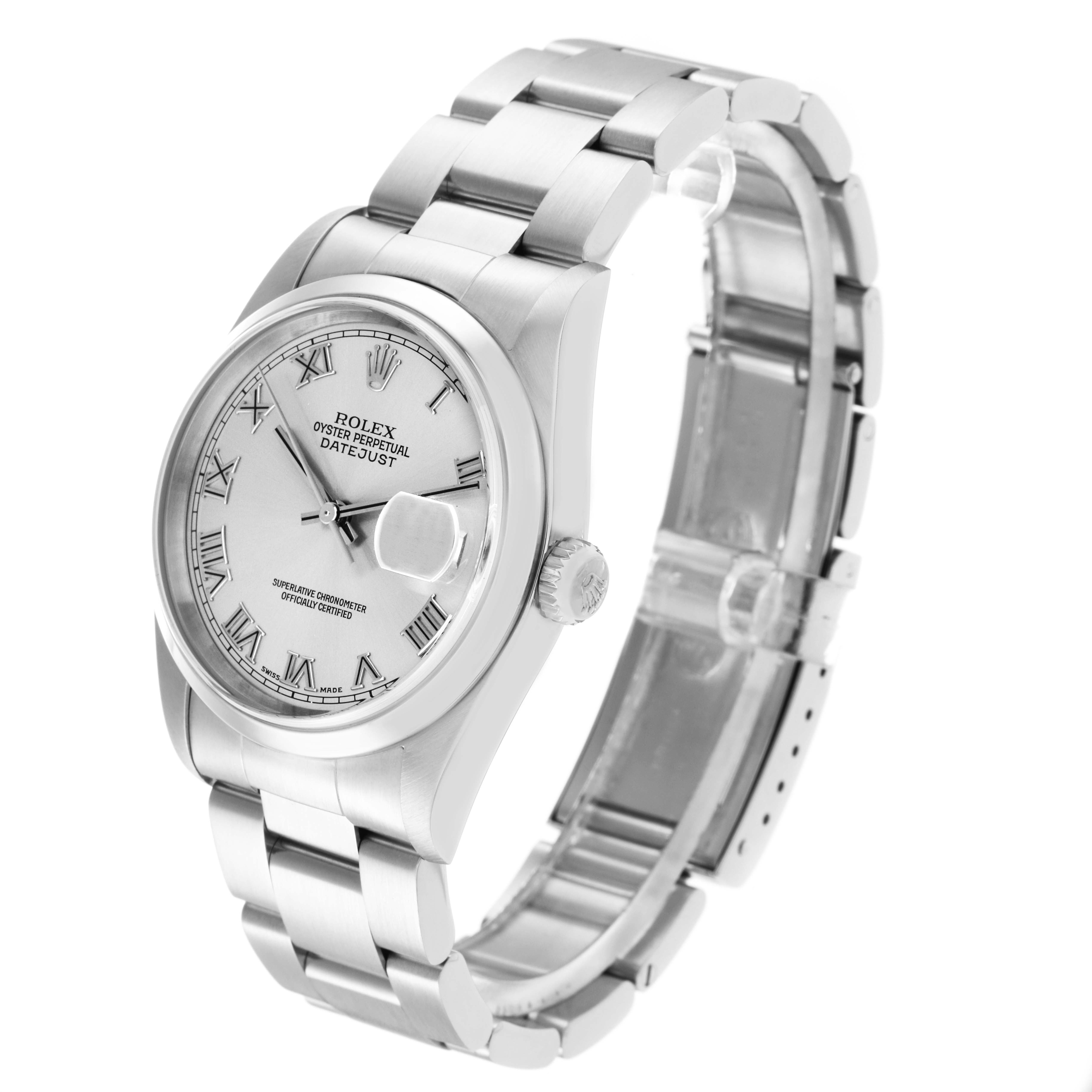 The Rolex Datejust 16200 Men
s Stainless Steel Silver Dial 16200 Men
s Stainless Steel Silver Dial watch is shown at a three-quarter angle, highlighting the dial, bezel, and metal bracelet.