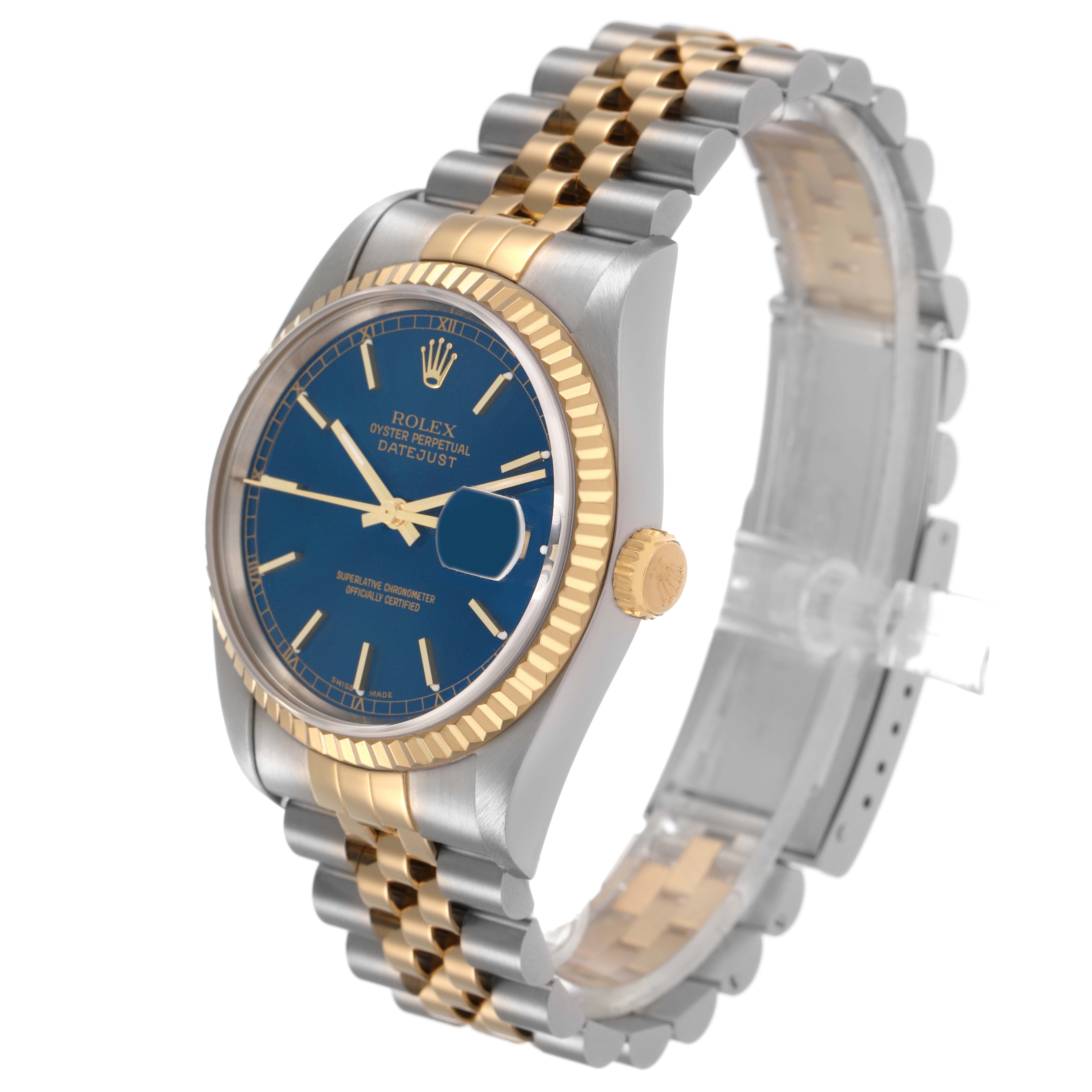 The Rolex Datejust 16233 Men's Steel and Gold (two tone) Blue Dial watch is shown at a three-quarter angle highlighting the face, bezel, crown, and Jubilee bracelet.