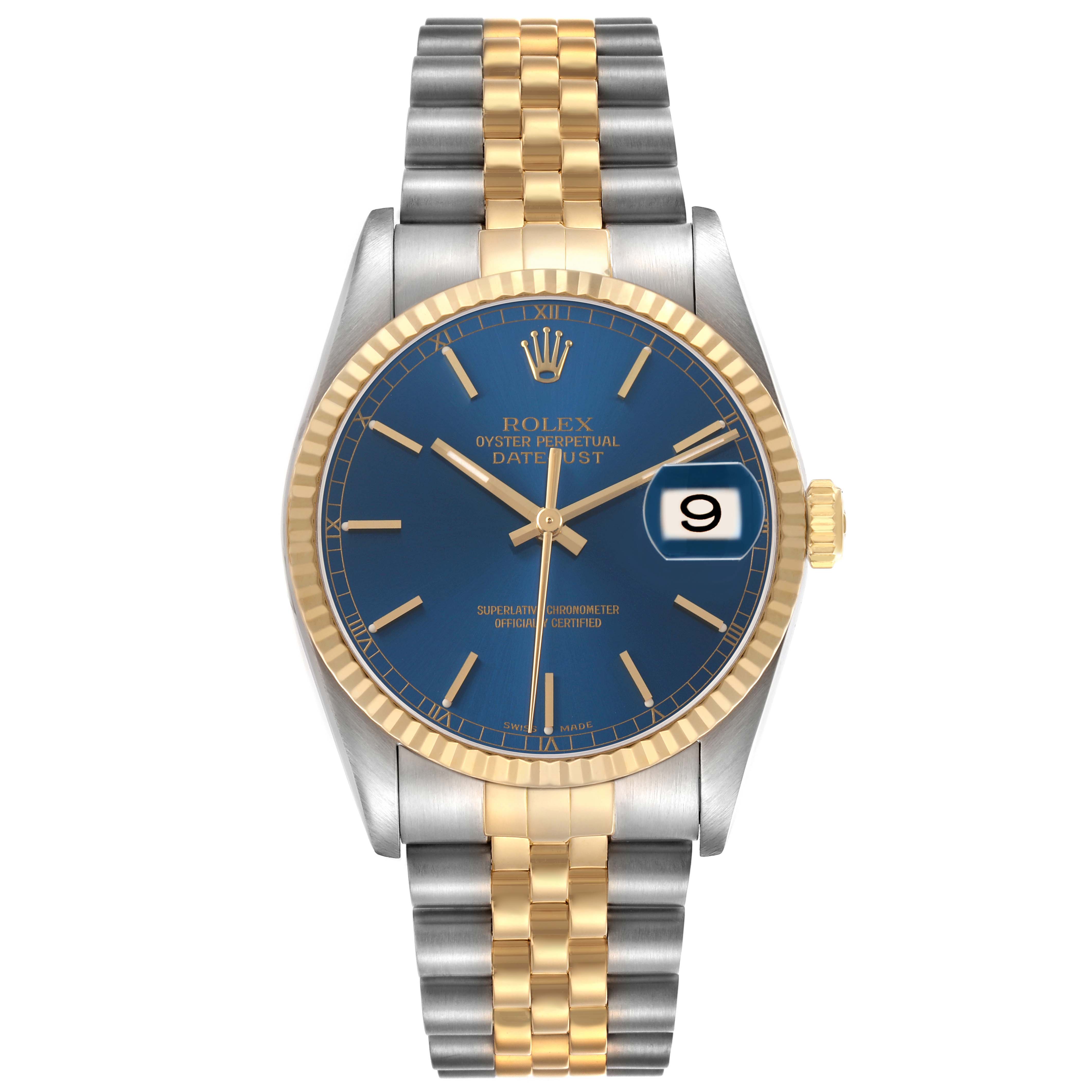 The Rolex Datejust 16233 Men's Steel and Gold (two tone) Blue Dial watch is shown from a front view, highlighting the bezel, dial, and bracelet.