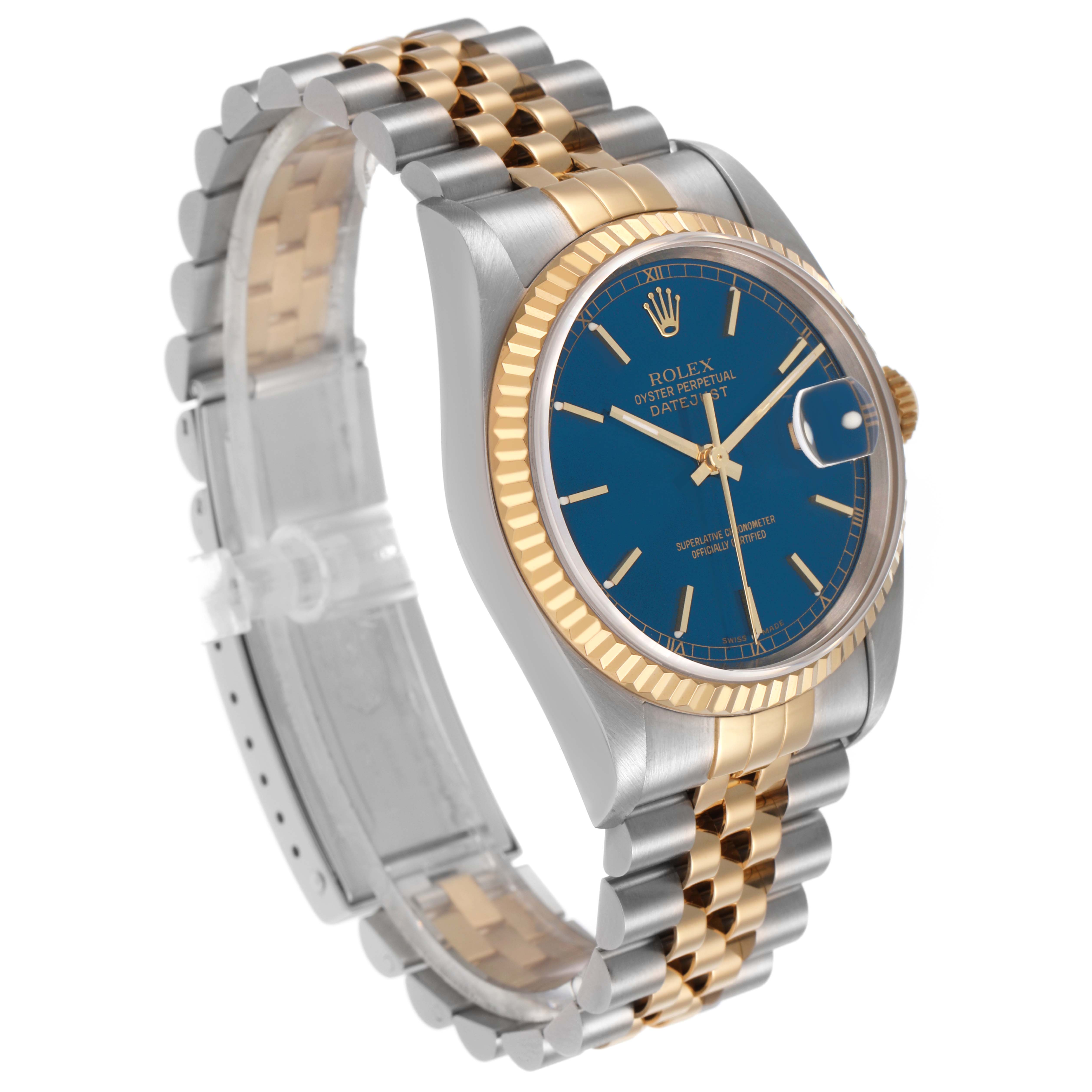 The Rolex Datejust 16233 Men's Steel and Gold (two tone) Blue Dial watch is shown at a three-quarter angle, highlighting the blue dial, fluted bezel, and two-tone bracelet.