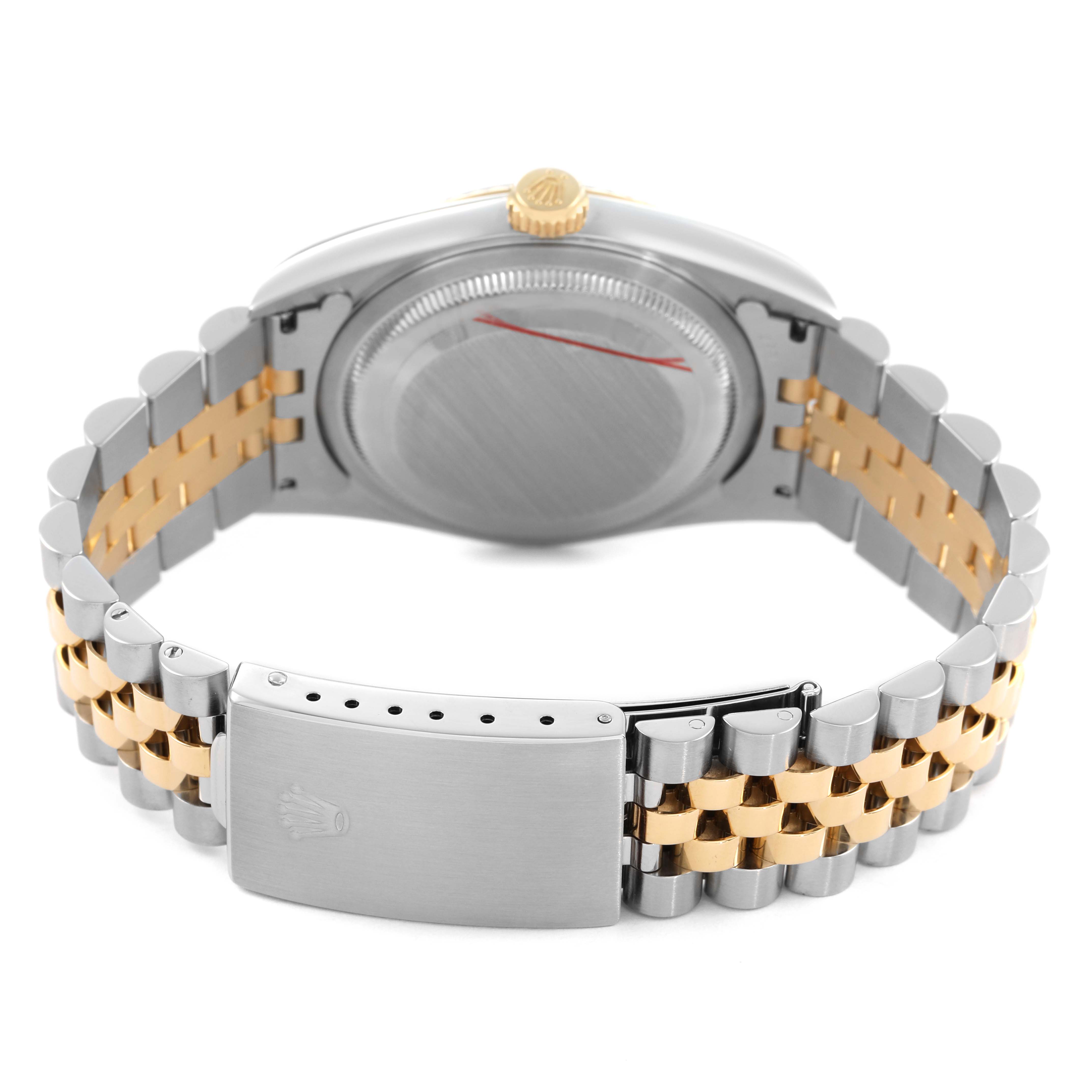 The image shows the back of a Rolex Datejust 16233 Men's Steel and Gold (two tone) Blue Dial, highlighting the case back and a two-tone bracelet with a clasp.