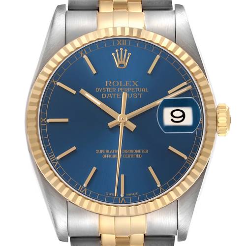The Rolex Datejust 16233 Men's Steel and Gold (two tone) Blue Dial is shown from the front, highlighting the blue dial, gold bezel, and two-tone bracelet.