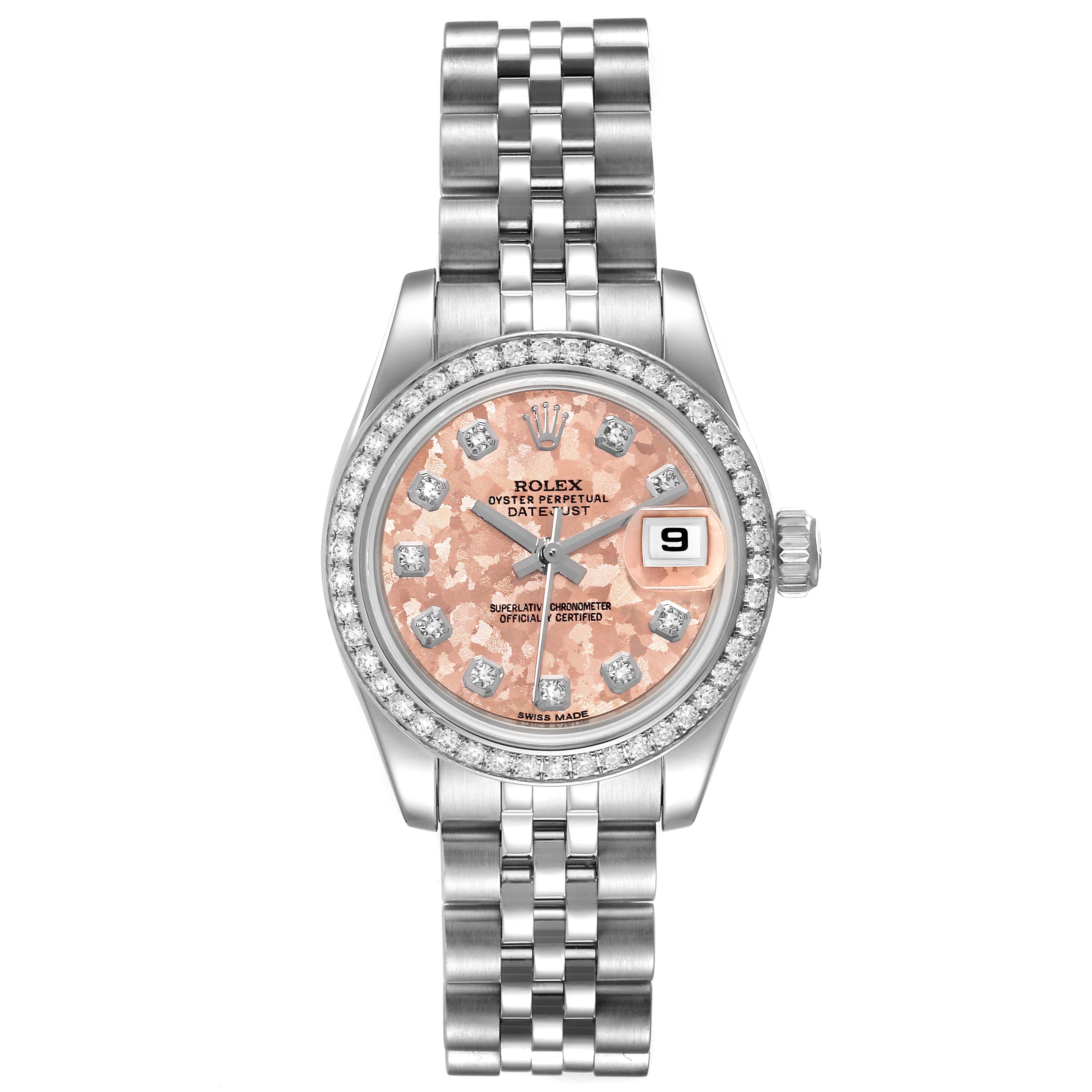The image shows a Rolex Datejust 179384 Women's Stainless Steel Pink Dial 179384 Women's Stainless Steel Pink Dial watch from a front angle, featuring a pink dial, diamond markers, and a jubilee bracelet.