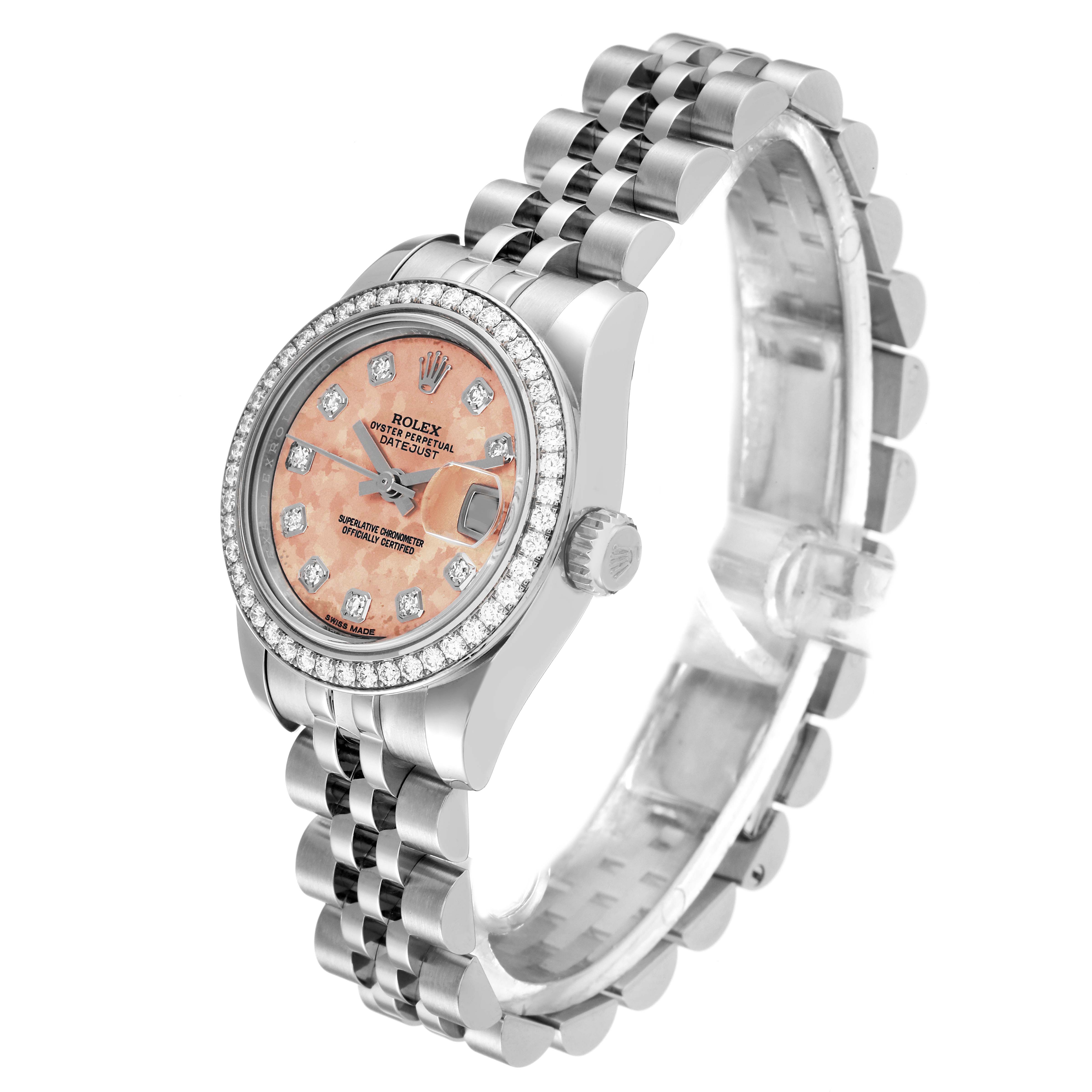 The image displays a Rolex Datejust 179384 Women's Stainless Steel Pink Dial 179384 Women's Stainless Steel Pink Dial watch at a slight angle, showcasing its bezel, dial, and bracelet.