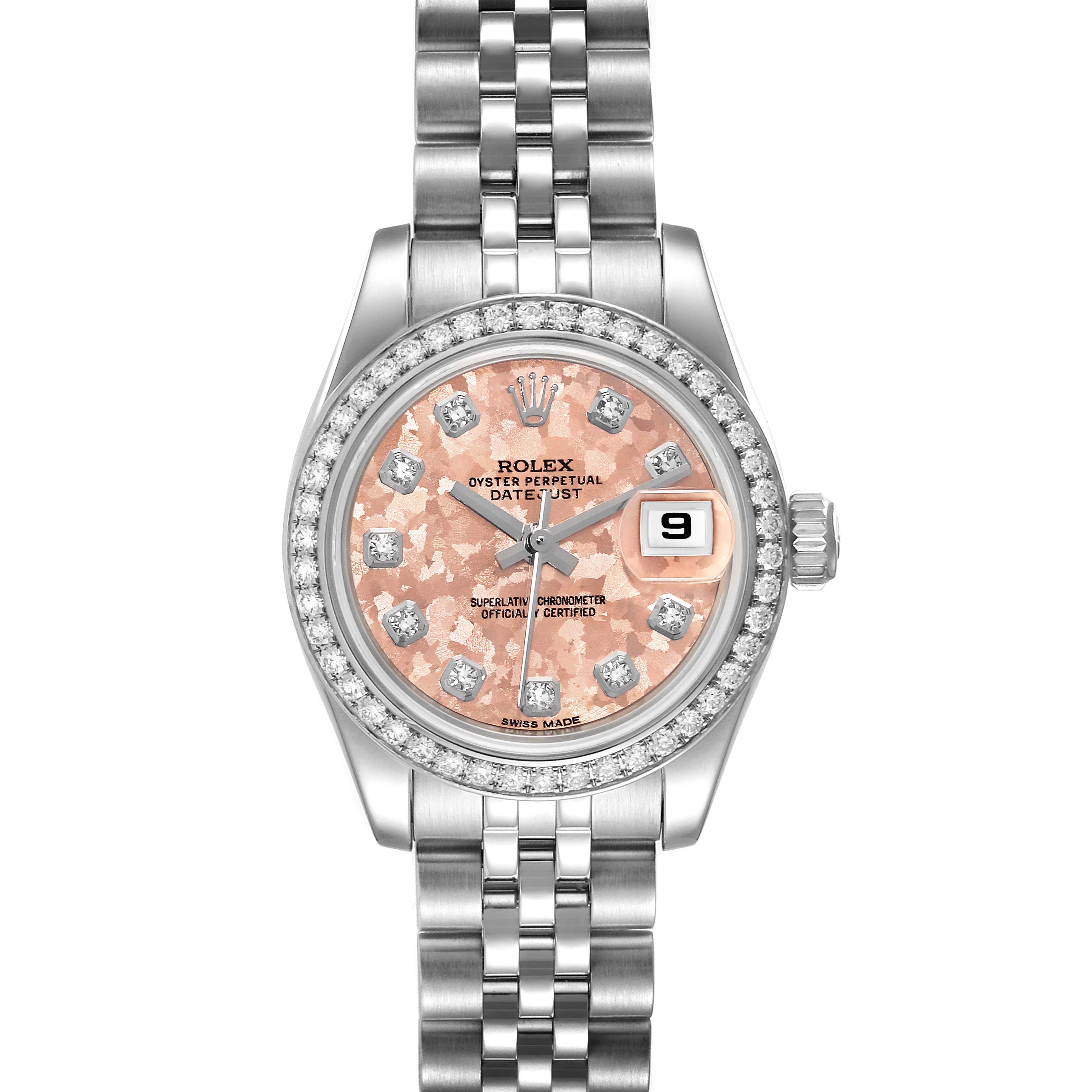 This image shows a top view of a Rolex Datejust 179384 Women's Stainless Steel Pink Dial 179384 Women's Stainless Steel Pink Dial watch with a pink diamond-patterned dial and a silver bracelet.