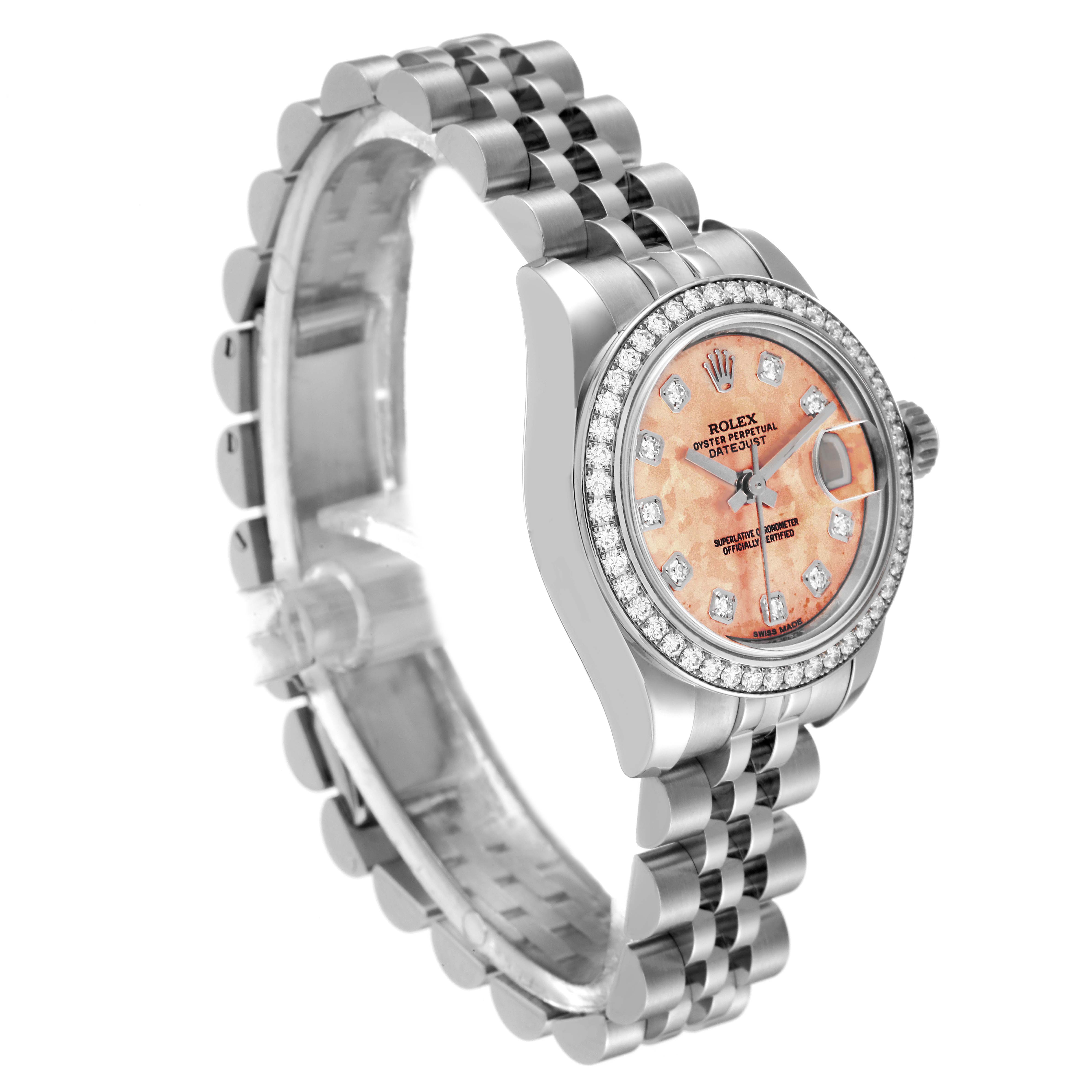 This image shows a side angle of the Rolex Datejust 179384 Women's Stainless Steel Pink Dial 179384 Women's Stainless Steel Pink Dial watch, highlighting its band, dial, and bezel.