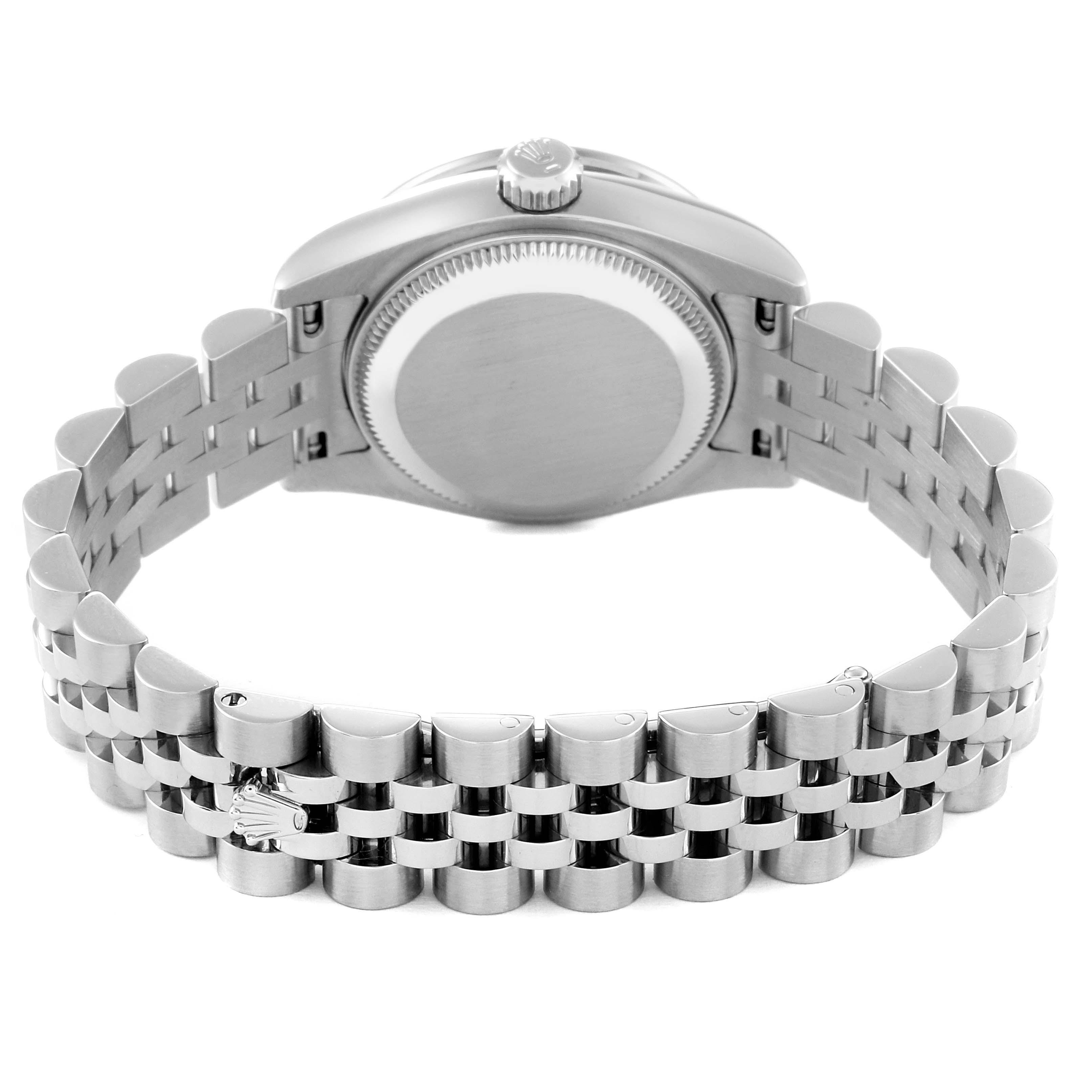 The image shows the back case and bracelet of a Rolex Datejust 179384 Women's Stainless Steel Pink Dial 179384 Women's Stainless Steel Pink Dial watch viewed from the rear angle.