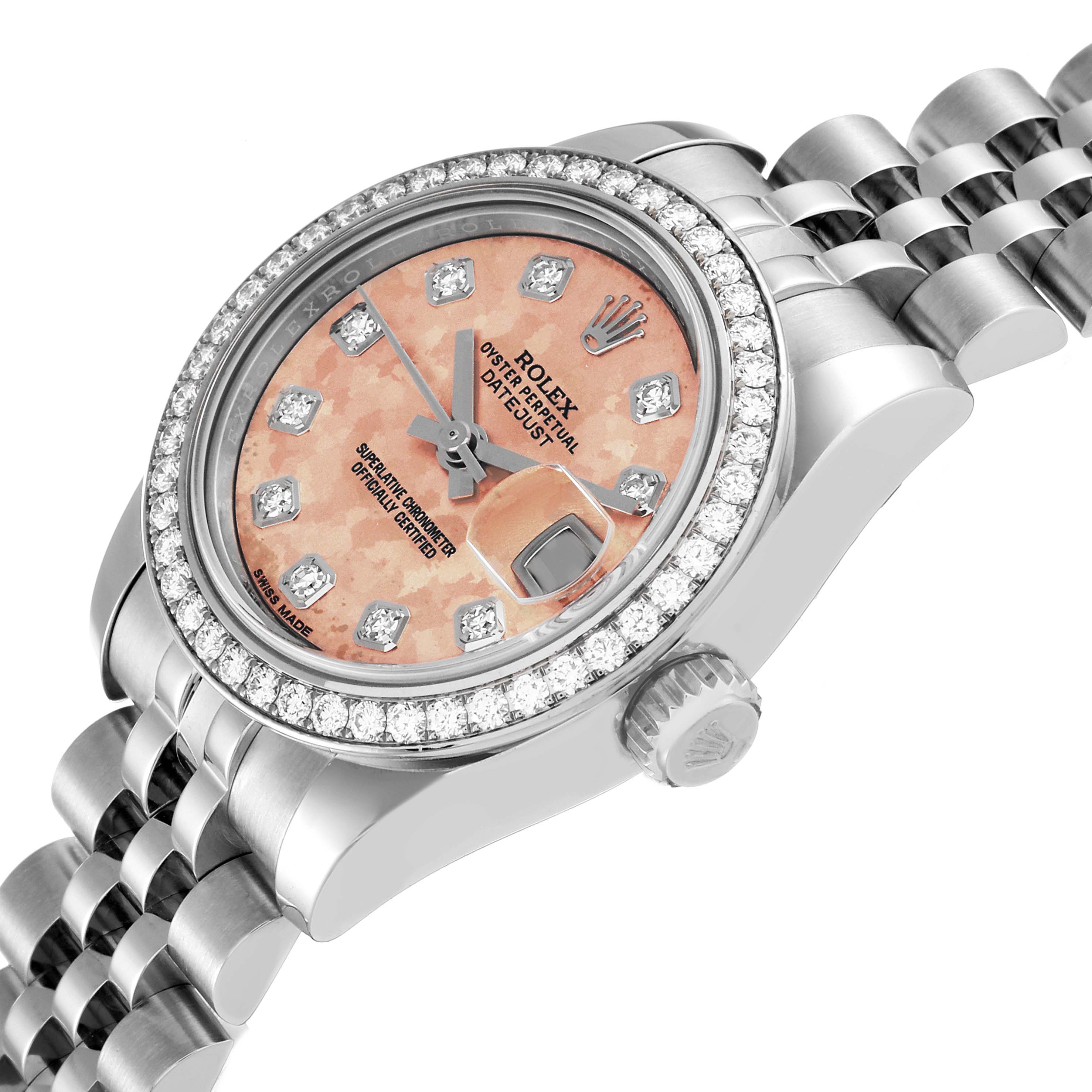 This image shows a Rolex Datejust 179384 Women's Stainless Steel Pink Dial 179384 Women's Stainless Steel Pink Dial watch at an angle highlighting the dial, bezel, crown, and part of the bracelet.