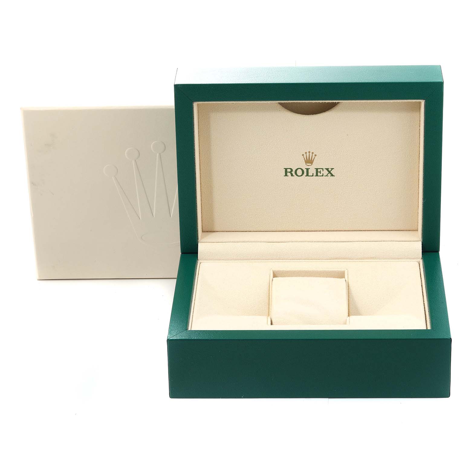 This image shows an open green Rolex watch box and cream-colored outer box for the Rolex Datejust 179384 Women's Stainless Steel Pink Dial 179384 Women's Stainless Steel Pink Dial model.