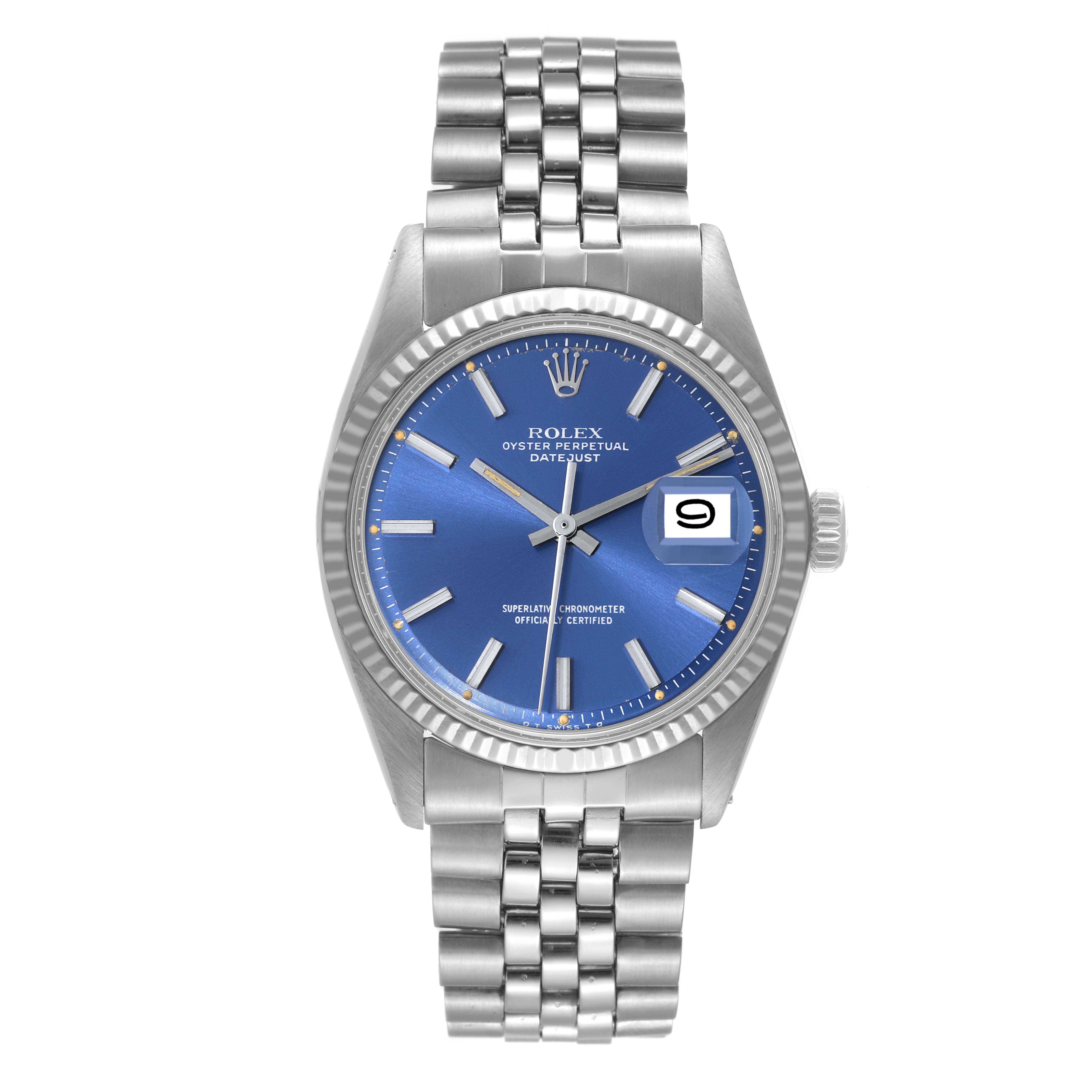 The Rolex Vintage Collection 1601 Men's Stainless Steel Blue Dial 1601 Men's Stainless Steel Blue Dial Datejust watch is shown at a straight-on angle, displaying its blue dial, date window, and metal bracelet.