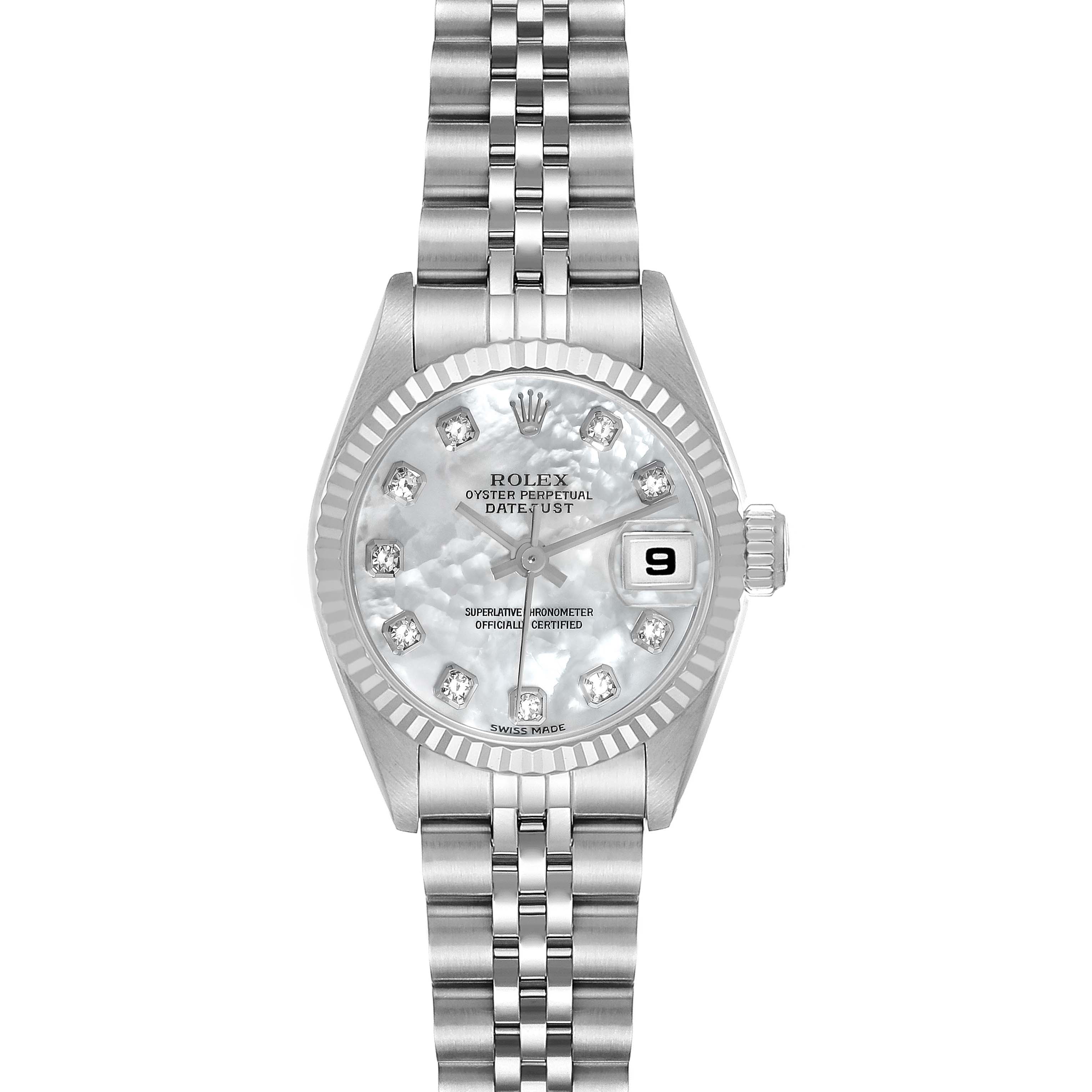 The Rolex Datejust 71614 Women
s Stainless Steel Mother of Pearl Dial 71614 Women
s Stainless Steel Mother of Pearl Dial watch is shown from the front, displaying the dial, bezel, bracelet, and date window clearly.