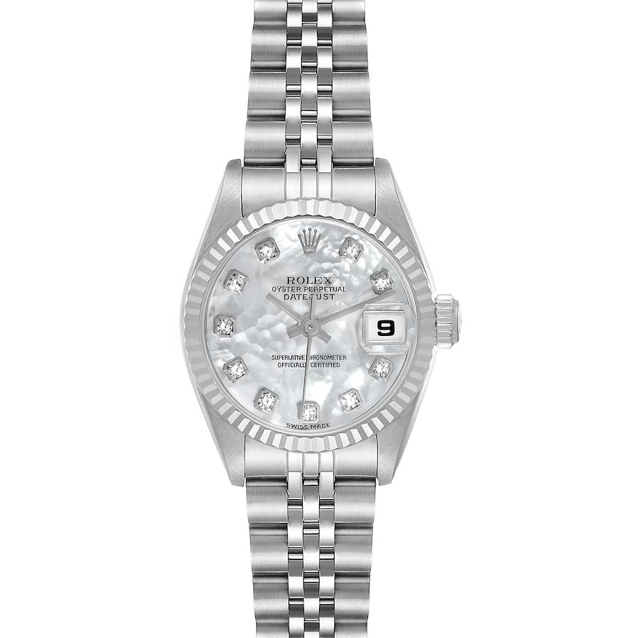 The Rolex Datejust watch is shown from the front, displaying the dial, bezel, bracelet, and date window clearly.