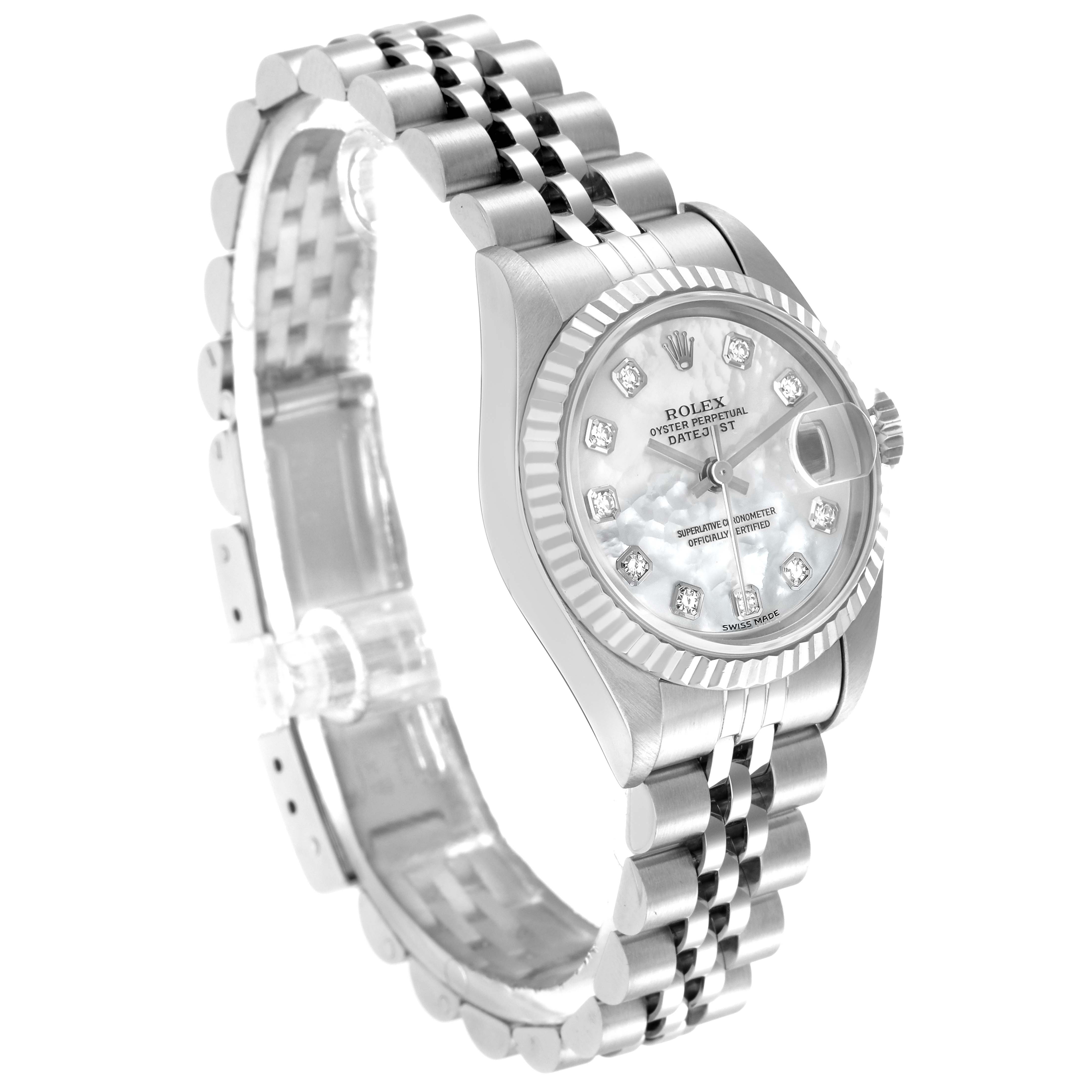 The Rolex Datejust 71614 Women
s Stainless Steel Mother of Pearl Dial 71614 Women
s Stainless Steel Mother of Pearl Dial watch is shown at a three-quarter angle, featuring the bracelet, case, and diamond-accented dial.