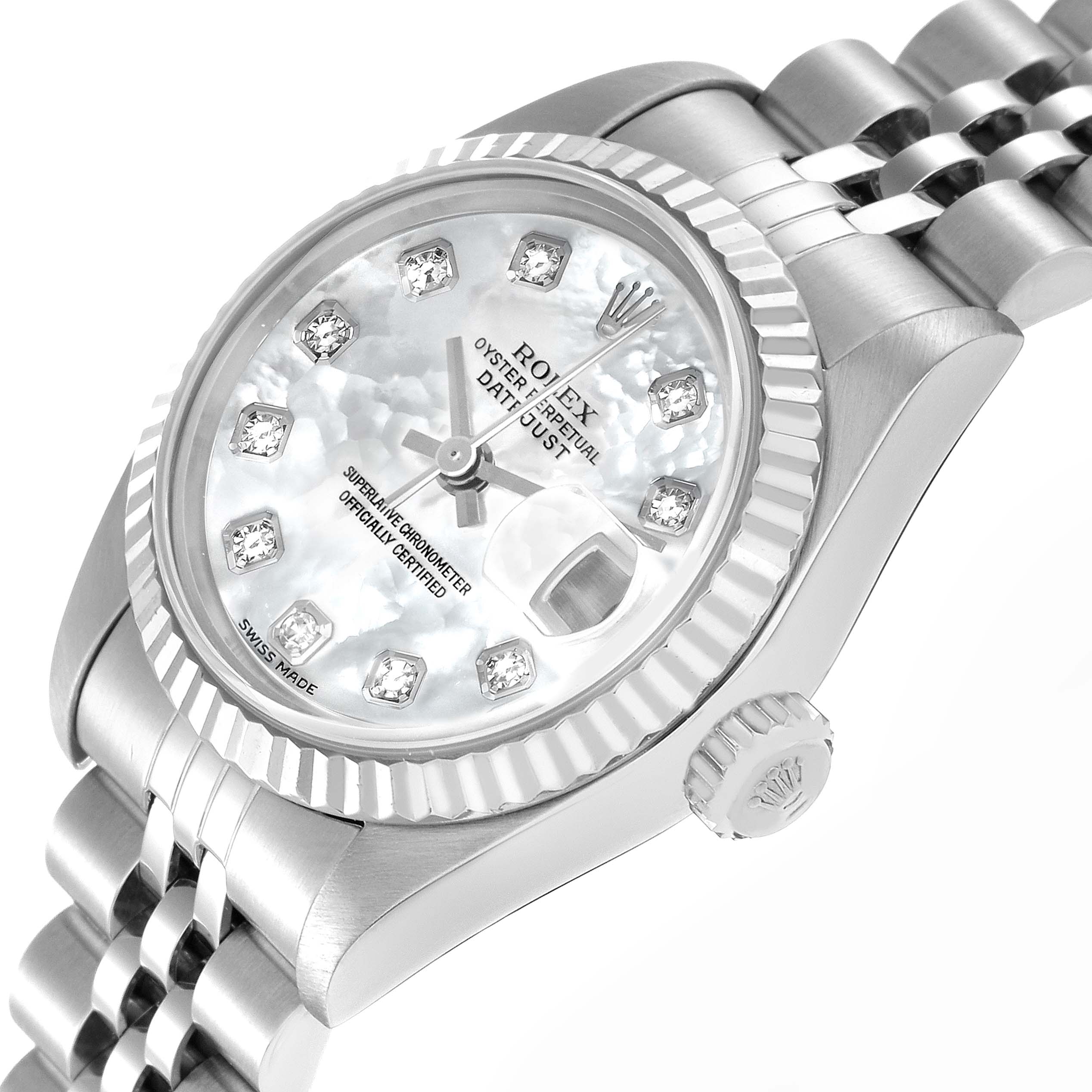 The Rolex Datejust 71614 Women
s Stainless Steel Mother of Pearl Dial 71614 Women
s Stainless Steel Mother of Pearl Dial watch is shown at an angled view, highlighting the dial, bezel, crown, and part of the bracelet.