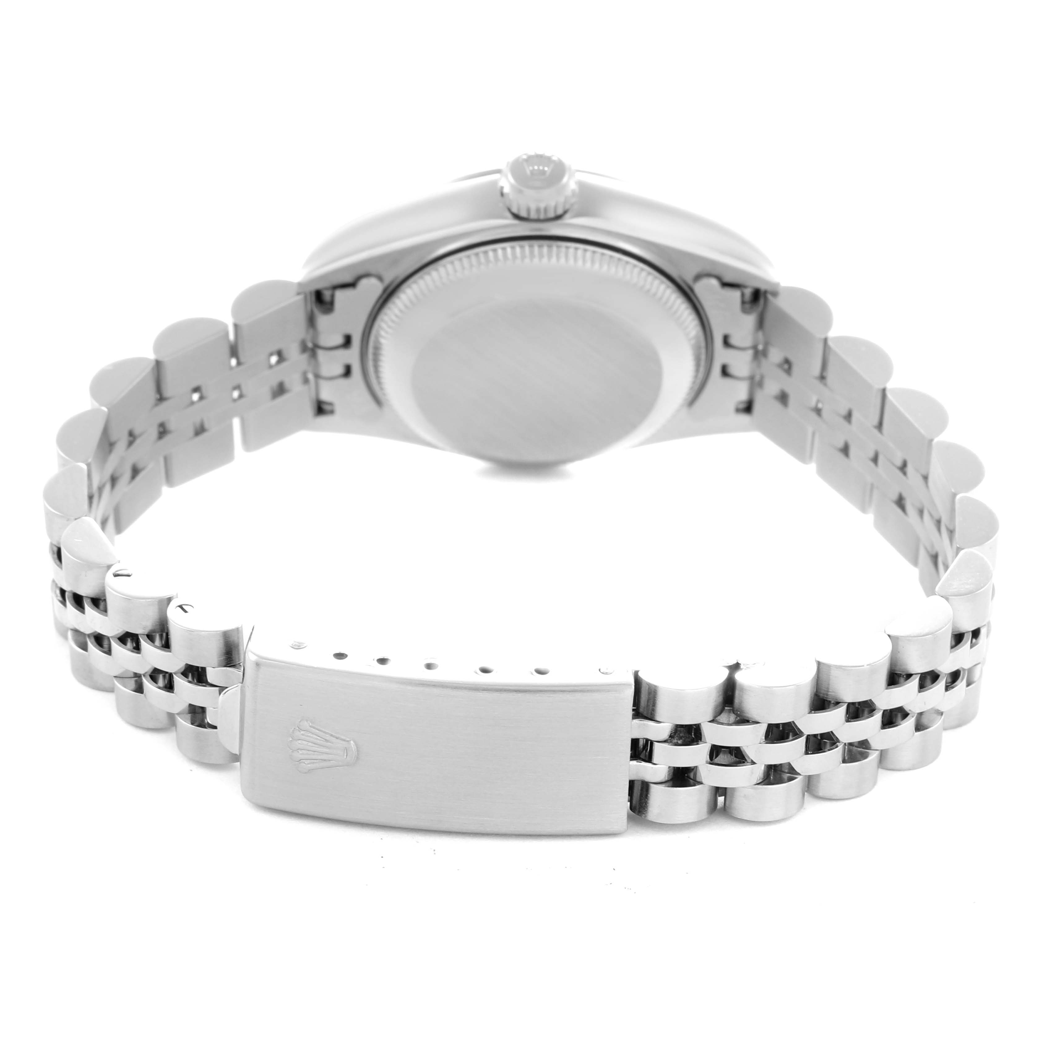 The image shows the Rolex Datejust 71614 Women
s Stainless Steel Mother of Pearl Dial 71614 Women
s Stainless Steel Mother of Pearl Dial watch from the back, highlighting the case back and Jubilee bracelet with clasp.