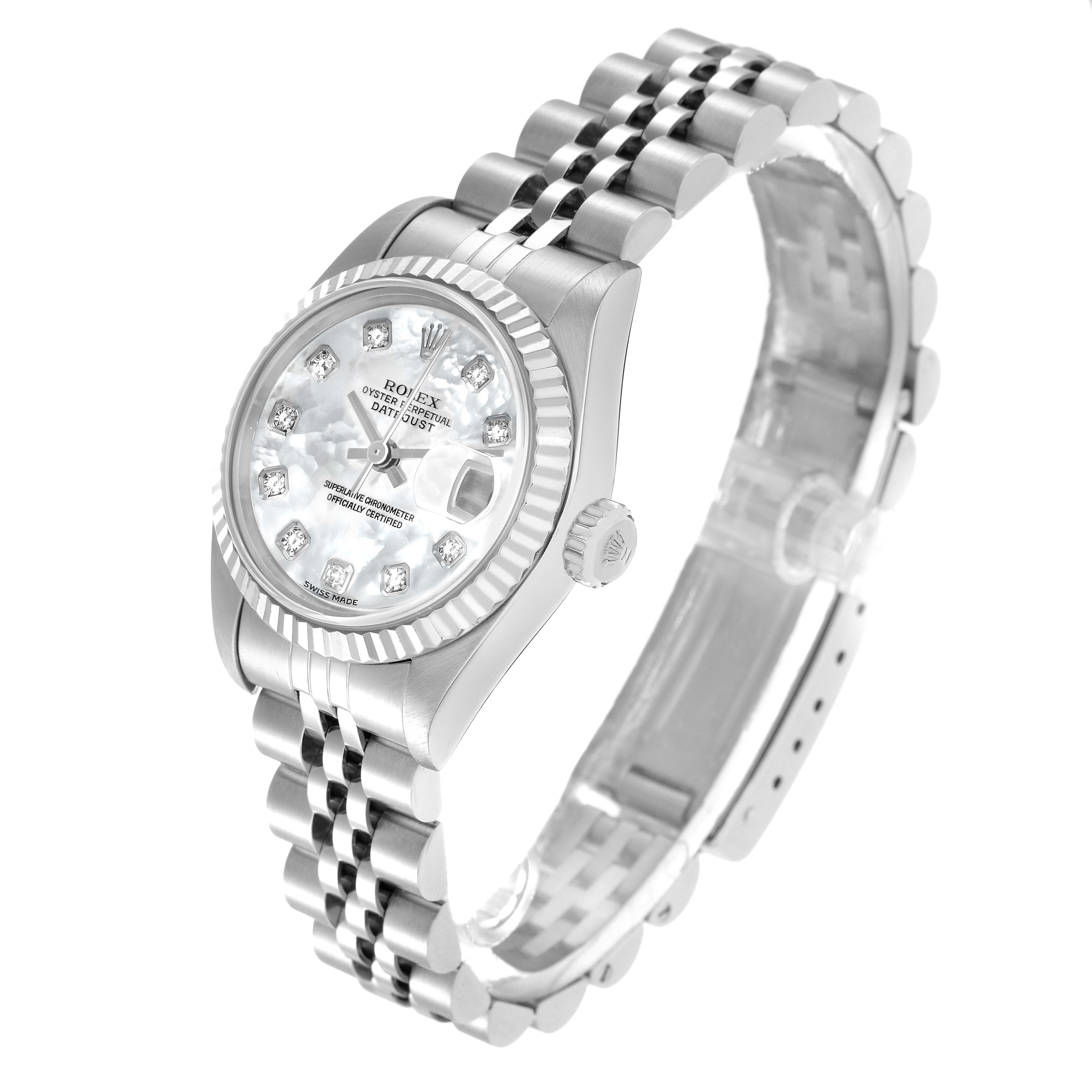 The Rolex Datejust 71614 Women
s Stainless Steel Mother of Pearl Dial 71614 Women
s Stainless Steel Mother of Pearl Dial watch is shown at an angled side view, displaying the face, bezel, crown, and bracelet.