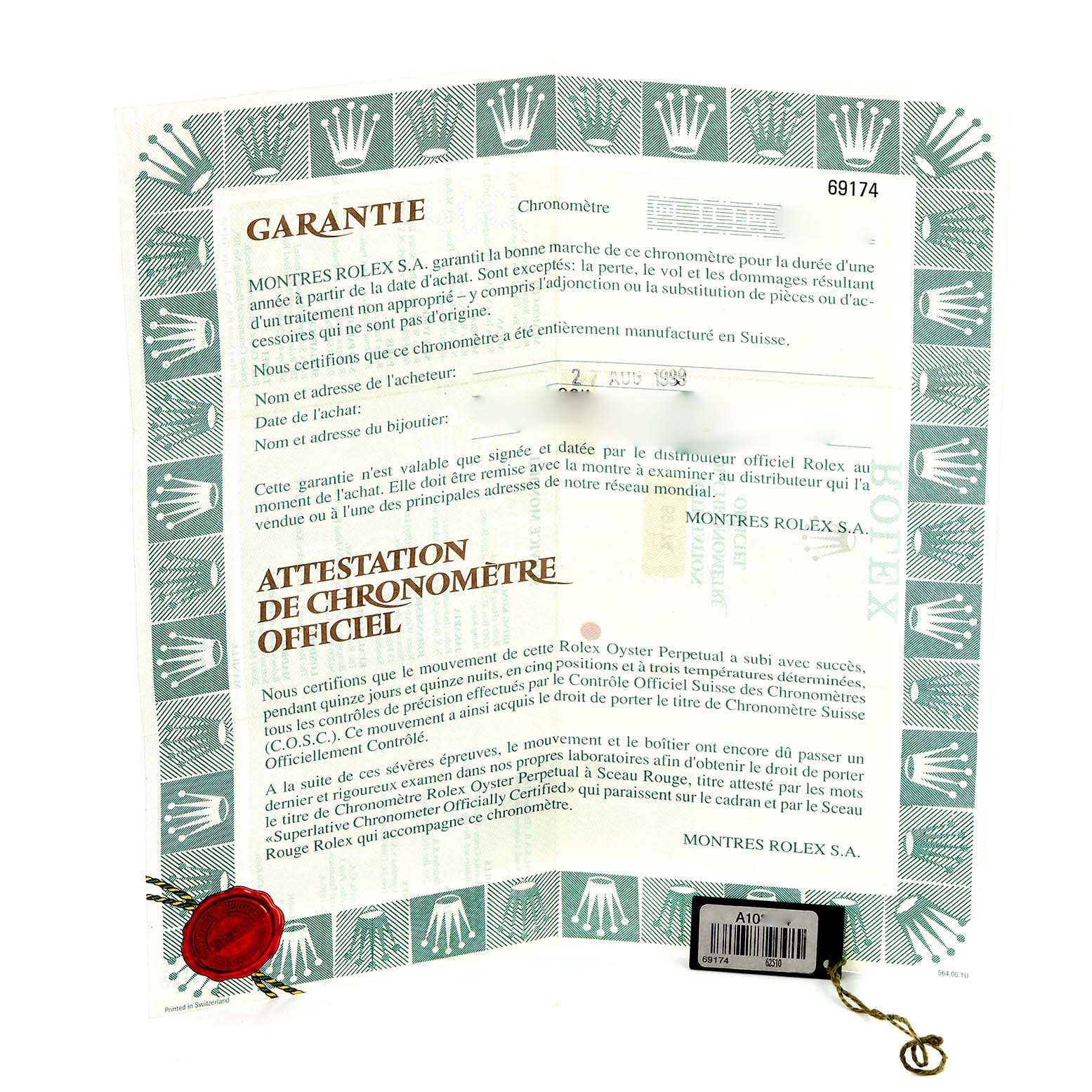 The image shows a warranty booklet for the Rolex Datejust 71614 Women
s Stainless Steel Mother of Pearl Dial 71614 Women
s Stainless Steel Mother of Pearl Dial, featuring an embossed seal and a tag with a serial number.