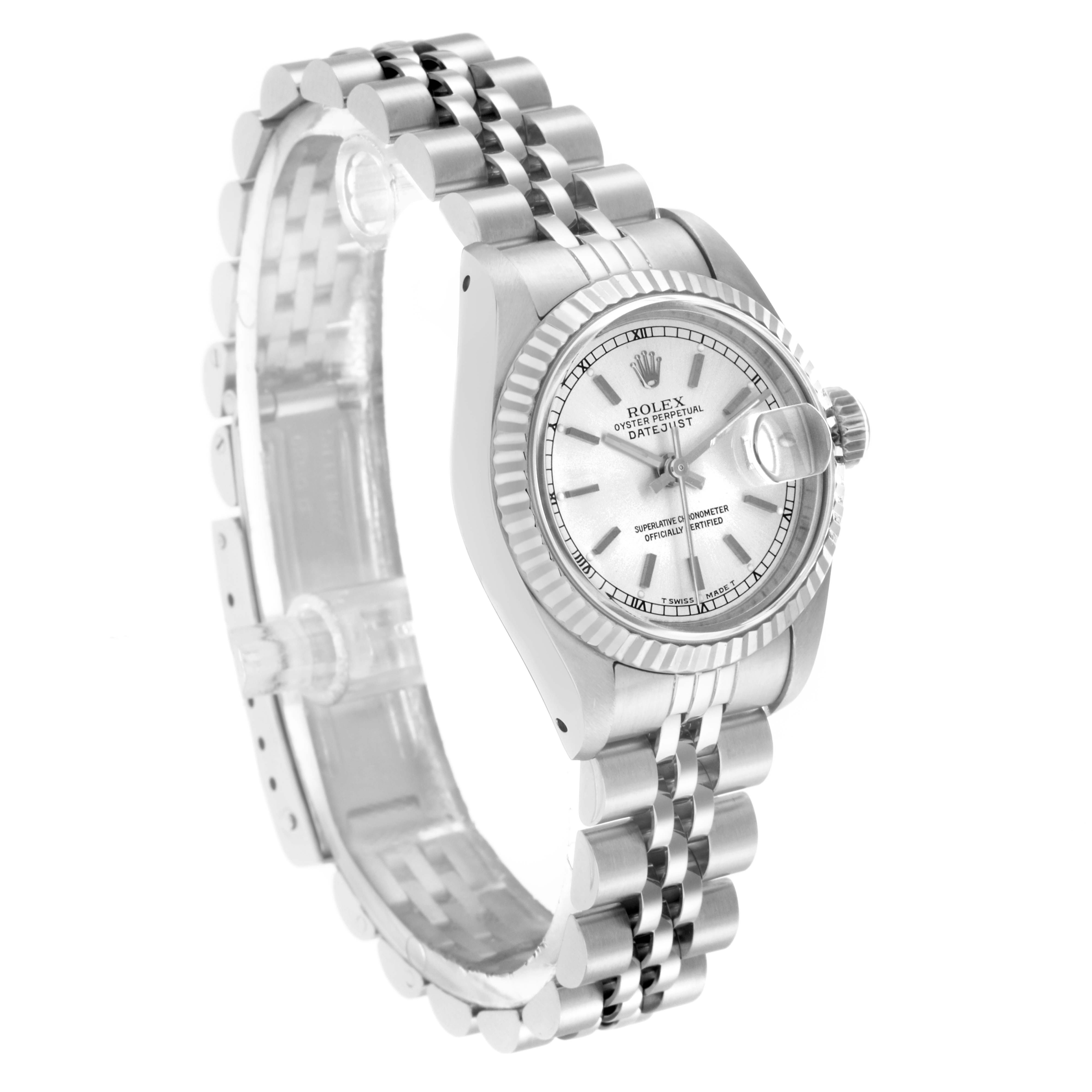 The Rolex Datejust 69174 Women
s Stainless Steel Silver Dial 69174 Women
s Stainless Steel Silver Dial watch is shown at a slight angle, displaying the face, bezel, crown, and partially the bracelet.