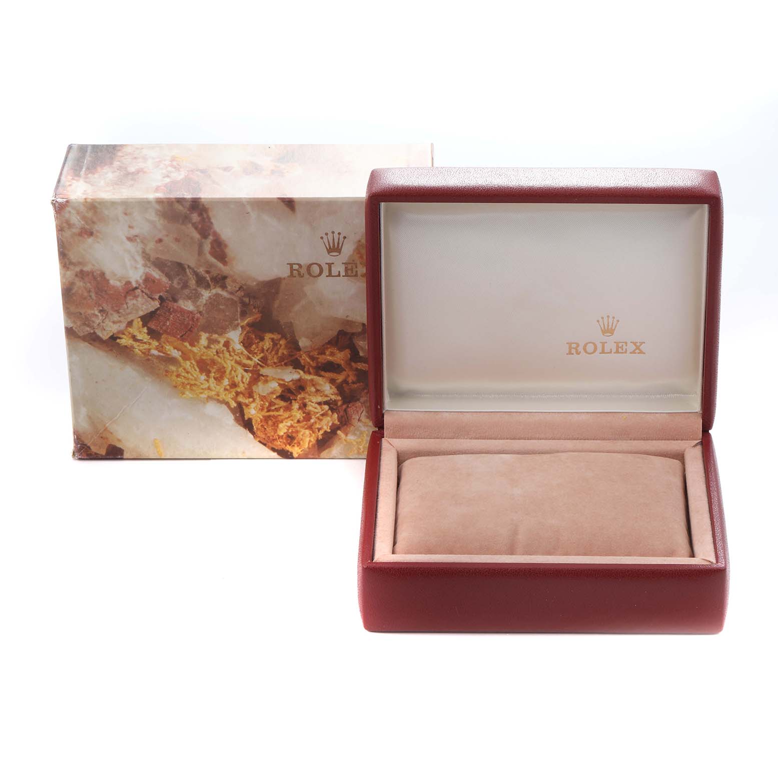 The image shows a Rolex Datejust 69174 Women
s Stainless Steel Silver Dial 69174 Women
s Stainless Steel Silver Dial box, open with its lid up, displaying the inner cushion and logo.