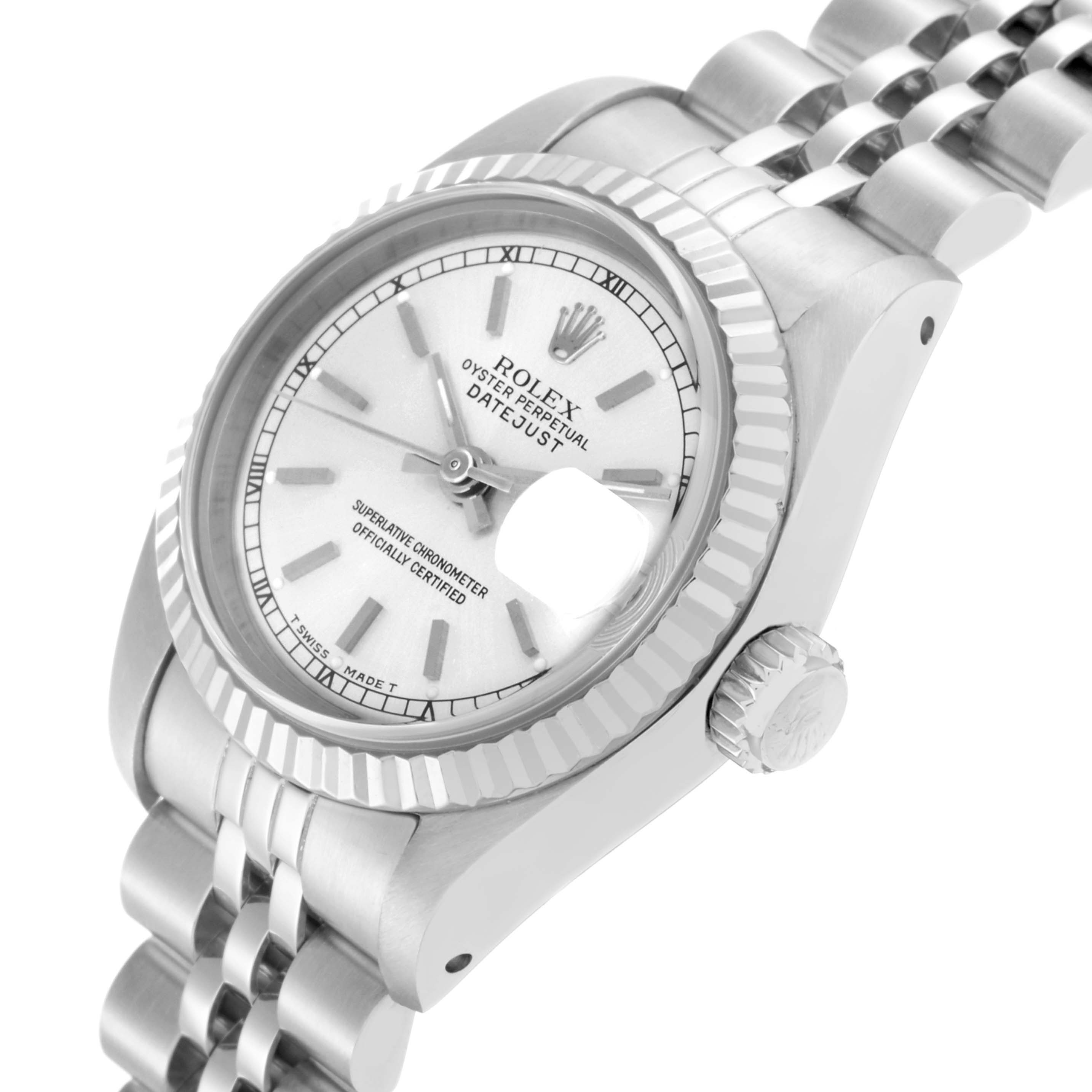 The Rolex Datejust 69174 Women
s Stainless Steel Silver Dial 69174 Women
s Stainless Steel Silver Dial watch is shown at a slight angle, highlighting the dial, fluted bezel, and jubilee bracelet.