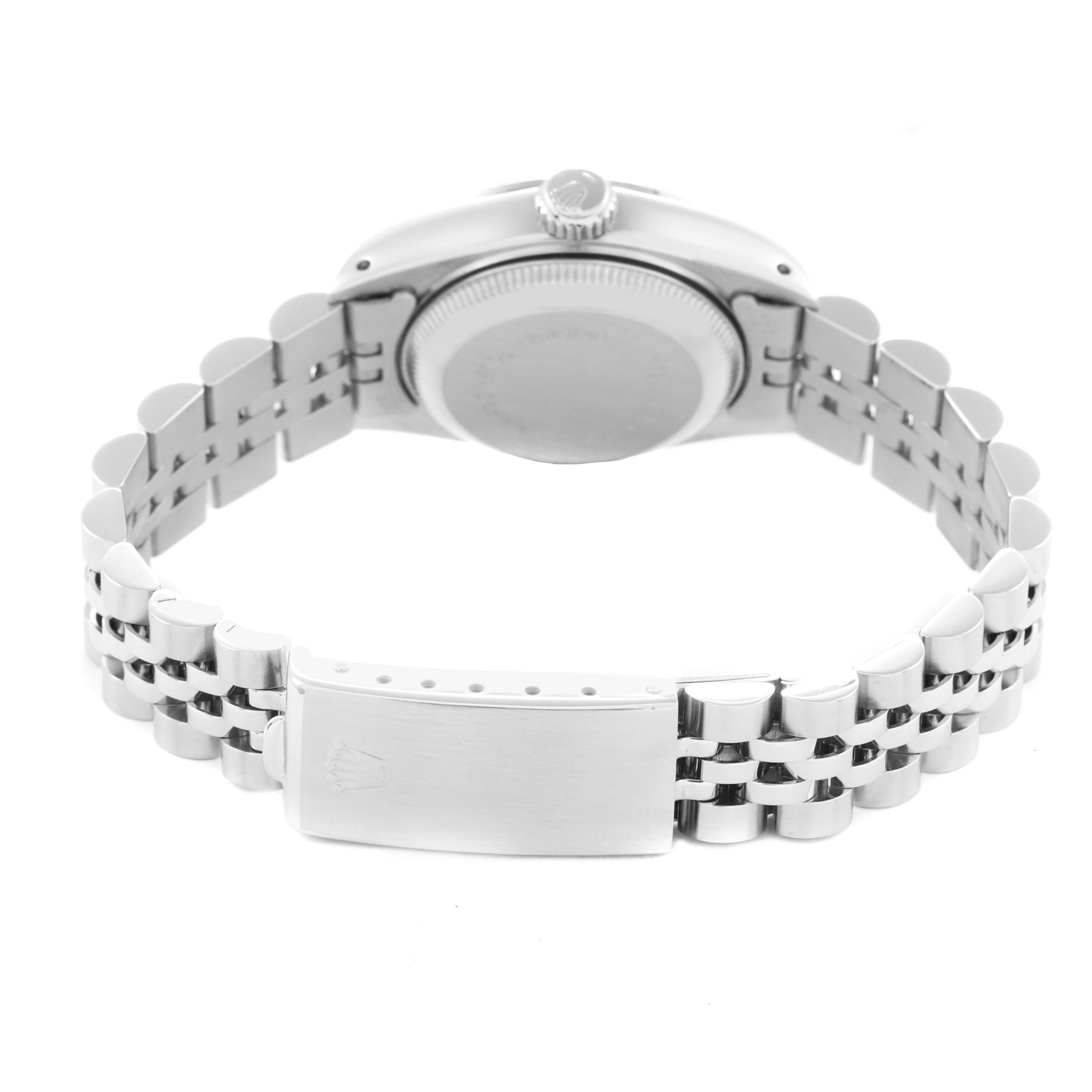 The image shows the back view of a Rolex Datejust 69174 Women
s Stainless Steel Silver Dial 69174 Women
s Stainless Steel Silver Dial watch, highlighting the case, crown, and Jubilee bracelet with clasp.