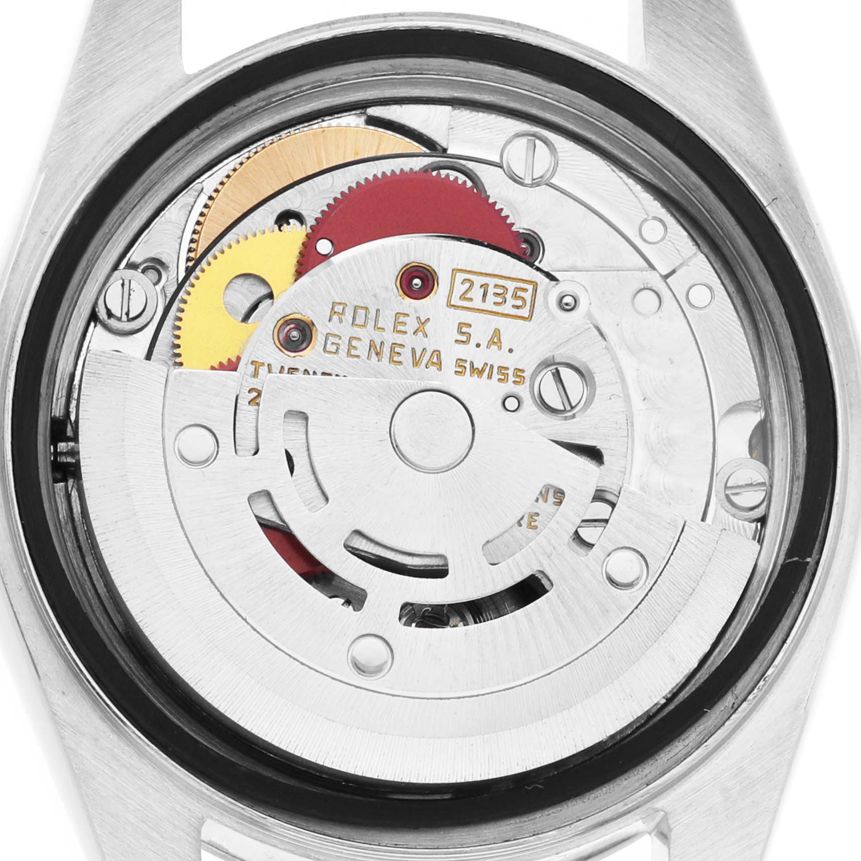 The image shows the back view of a Rolex Datejust 69174 Women
s Stainless Steel Silver Dial 69174 Women
s Stainless Steel Silver Dial watch, highlighting its internal movement mechanism.