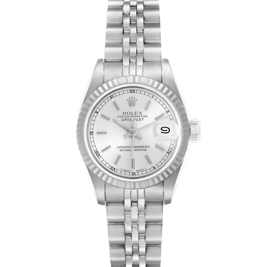 The Rolex Datejust watch is shown from a top-down angle, displaying the face, bezel, case, and bracelet.