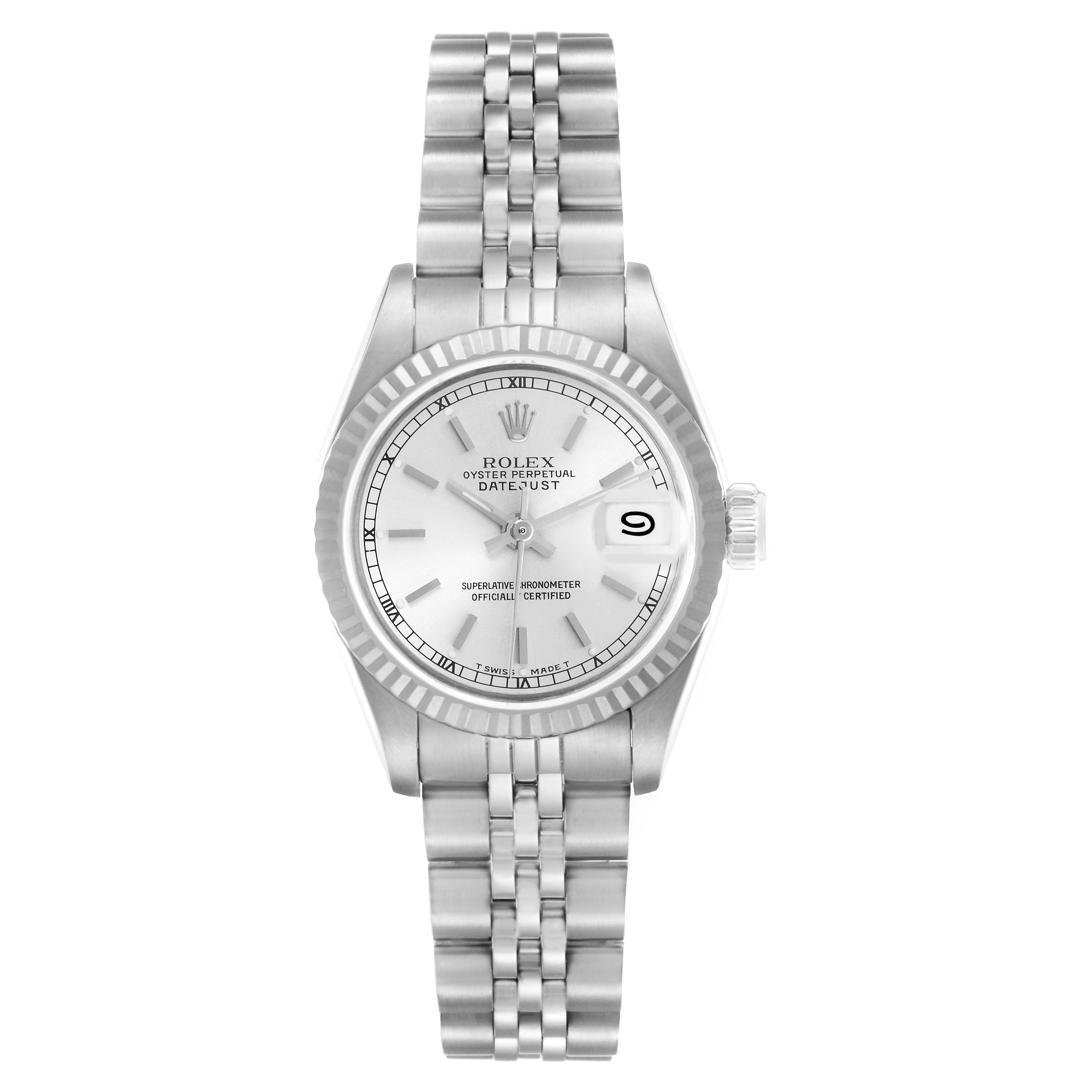 The Rolex Datejust 69174 Women
s Stainless Steel Silver Dial 69174 Women
s Stainless Steel Silver Dial watch is shown from a top-down angle, displaying its face, bezel, and metal bracelet.