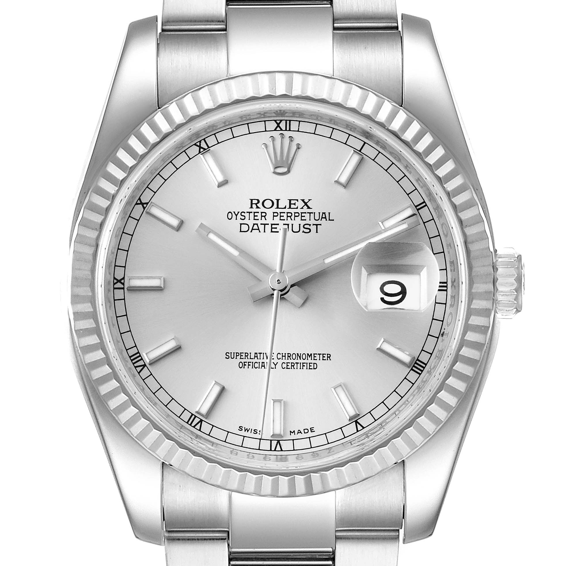 This image shows a front view of a Rolex Datejust 116234 Men's Stainless Steel Silver Dial 116234 Men's Stainless Steel Silver Dial watch, highlighting its dial, hands, date window, and fluted bezel.