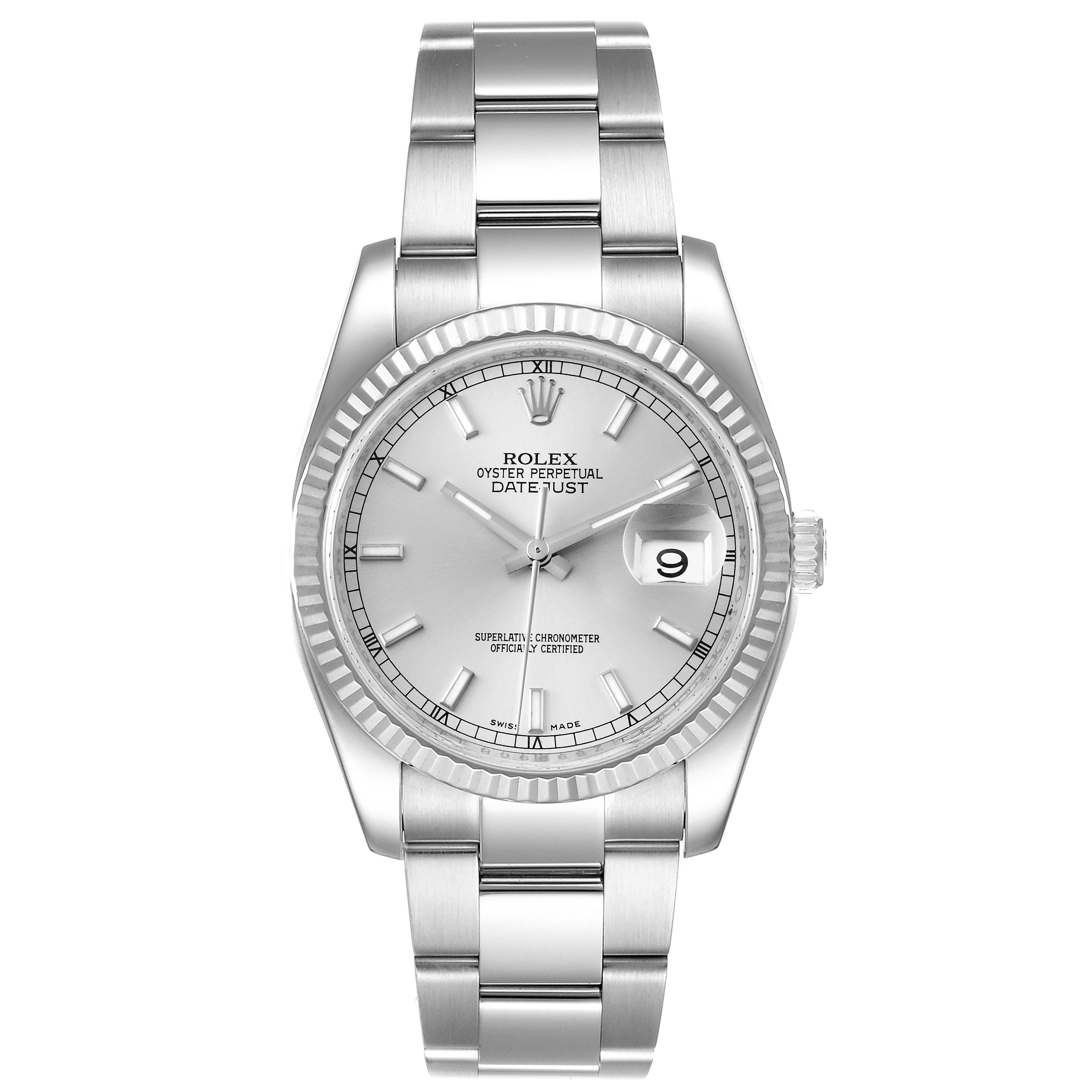 This image shows a frontal view of a Rolex Datejust 116234 Men's Stainless Steel Silver Dial 116234 Men's Stainless Steel Silver Dial watch, highlighting the dial, bracelet, and fluted bezel.