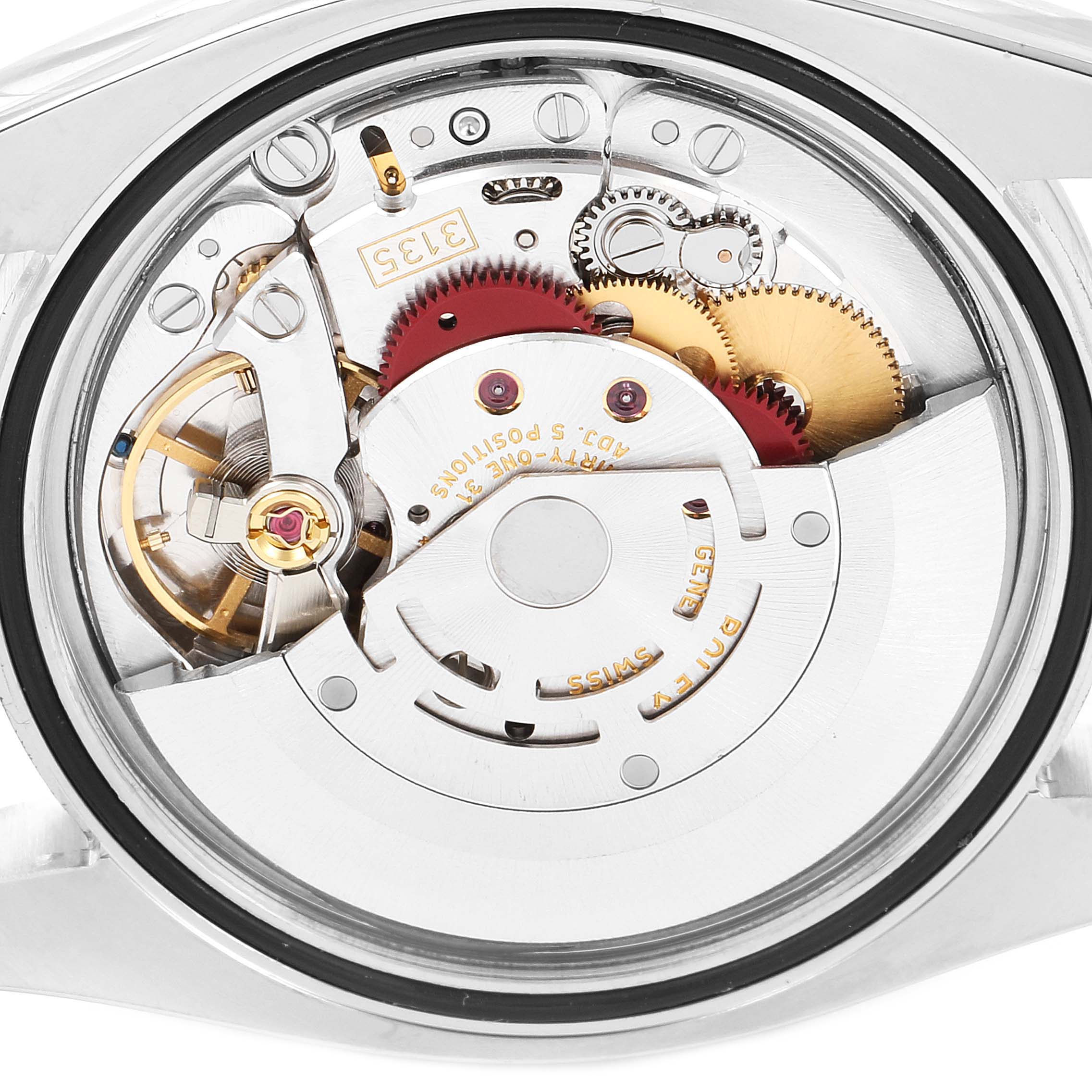 The Rolex Datejust 116234 Men's Stainless Steel Silver Dial 116234 Men's Stainless Steel Silver Dial watch is shown from the back, revealing its intricate movement and internal mechanisms.