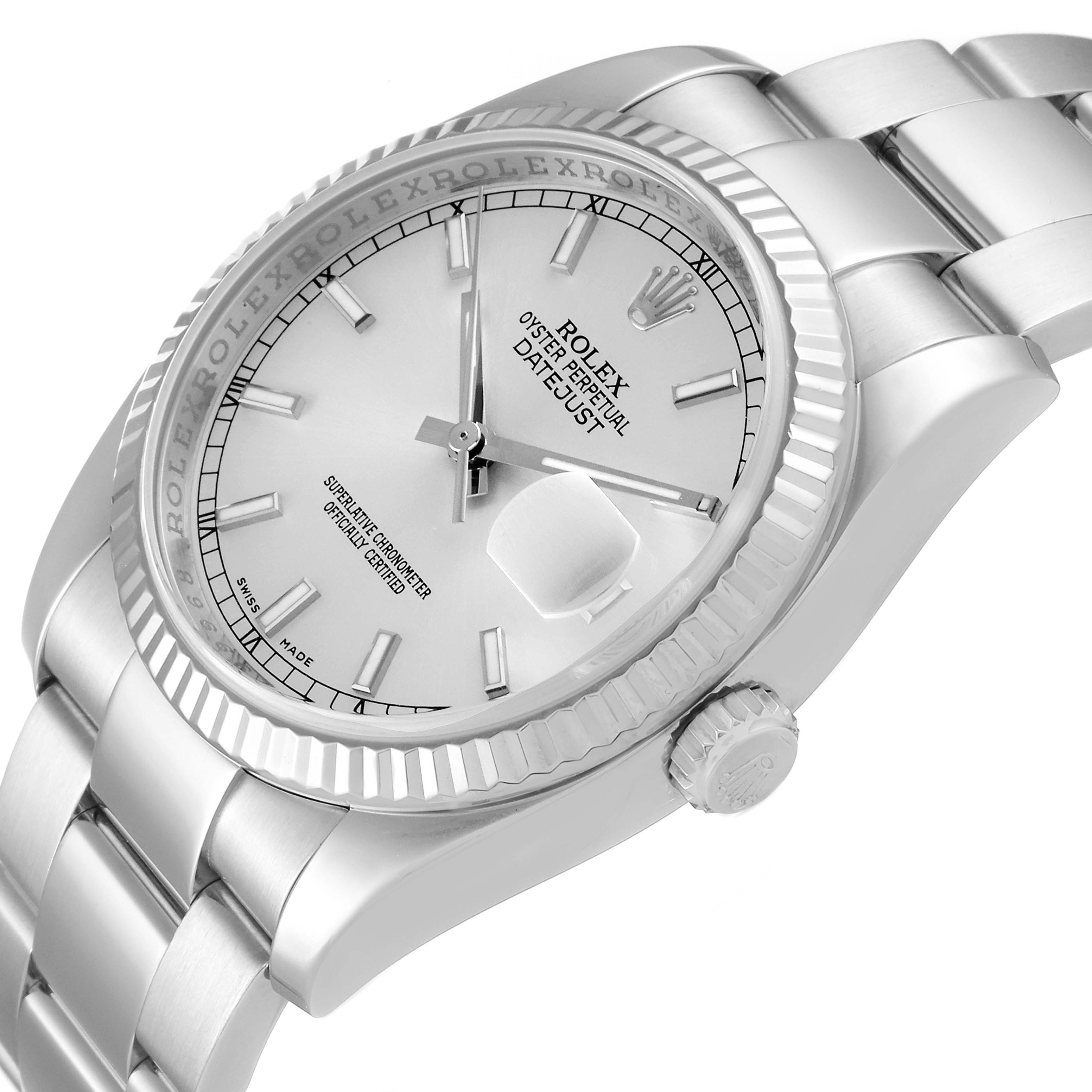 The image shows a close-up side angle of a Rolex Datejust 116234 Men's Stainless Steel Silver Dial 116234 Men's Stainless Steel Silver Dial watch, highlighting the dial, bezel, crown, and part of the bracelet. 