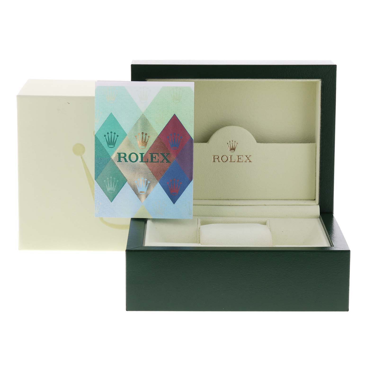 This image shows an open Rolex Datejust 116234 Men's Stainless Steel Silver Dial 116234 Men's Stainless Steel Silver Dial watch box with accompanying literature and inner compartments.