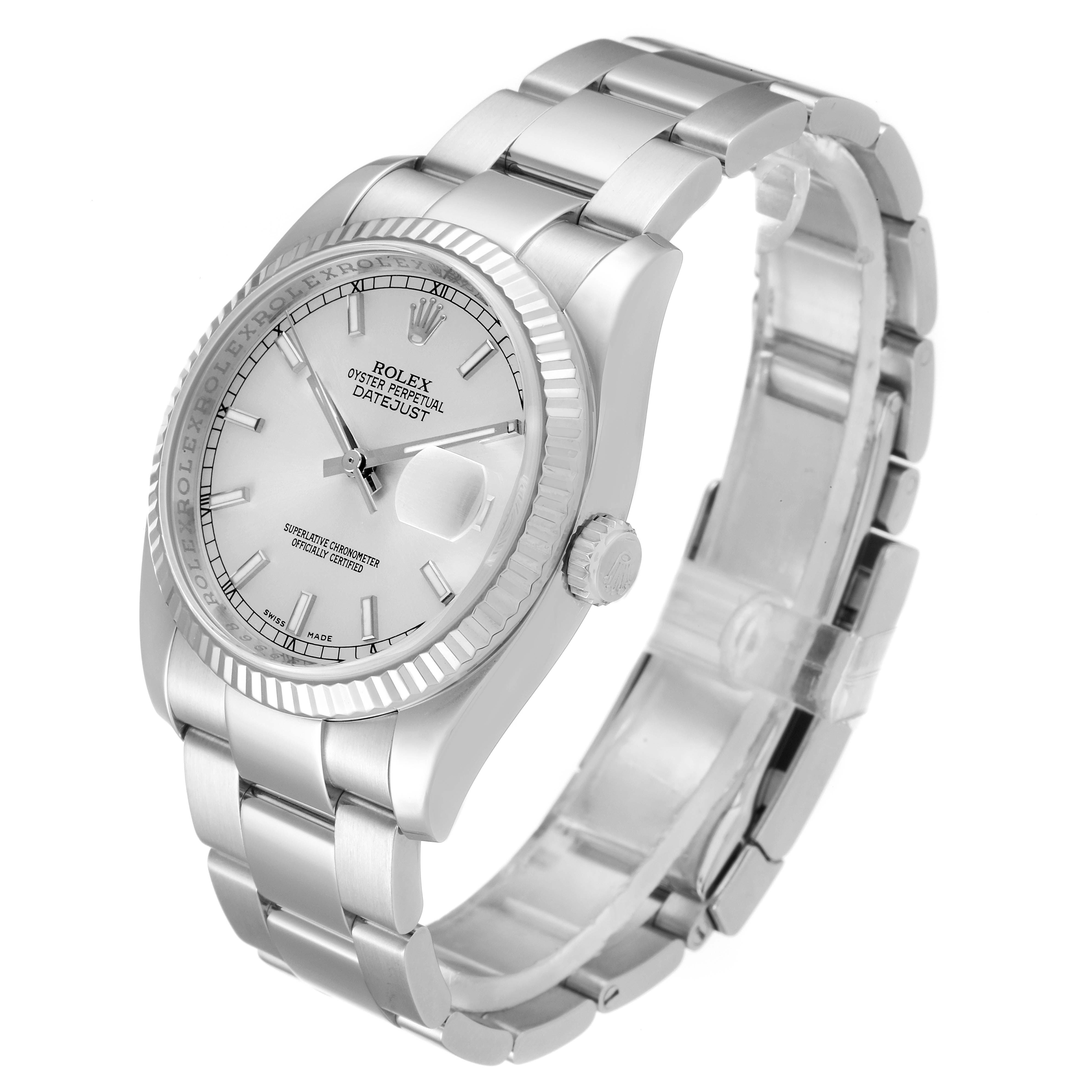 The Rolex Datejust 116234 Men's Stainless Steel Silver Dial 116234 Men's Stainless Steel Silver Dial watch is shown in a three-quarter view, displaying its dial, bezel, bracelet, and crown.