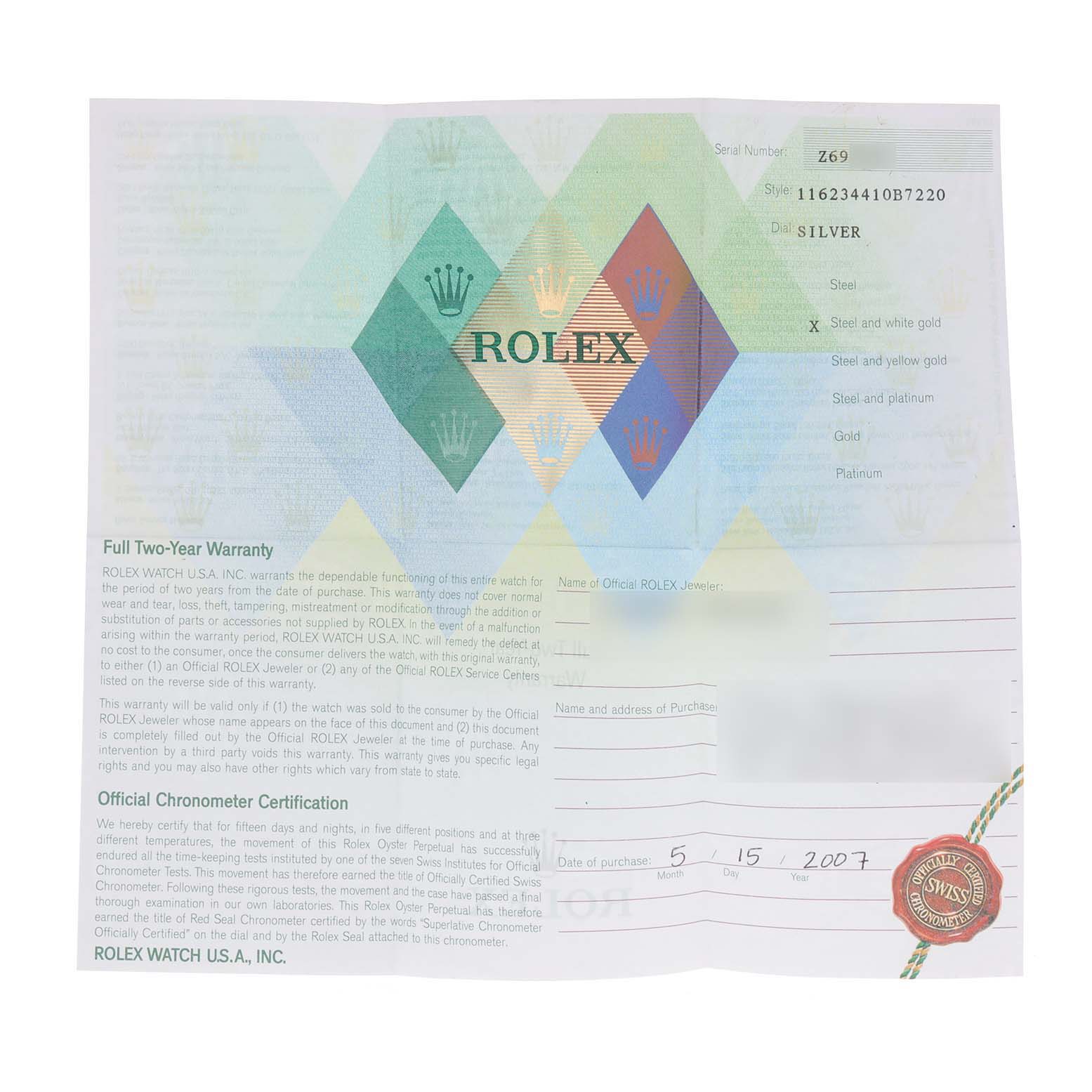 This image shows the warranty document and chronometer certification for a Rolex Datejust 116234 Men's Stainless Steel Silver Dial 116234 Men's Stainless Steel Silver Dial watch.