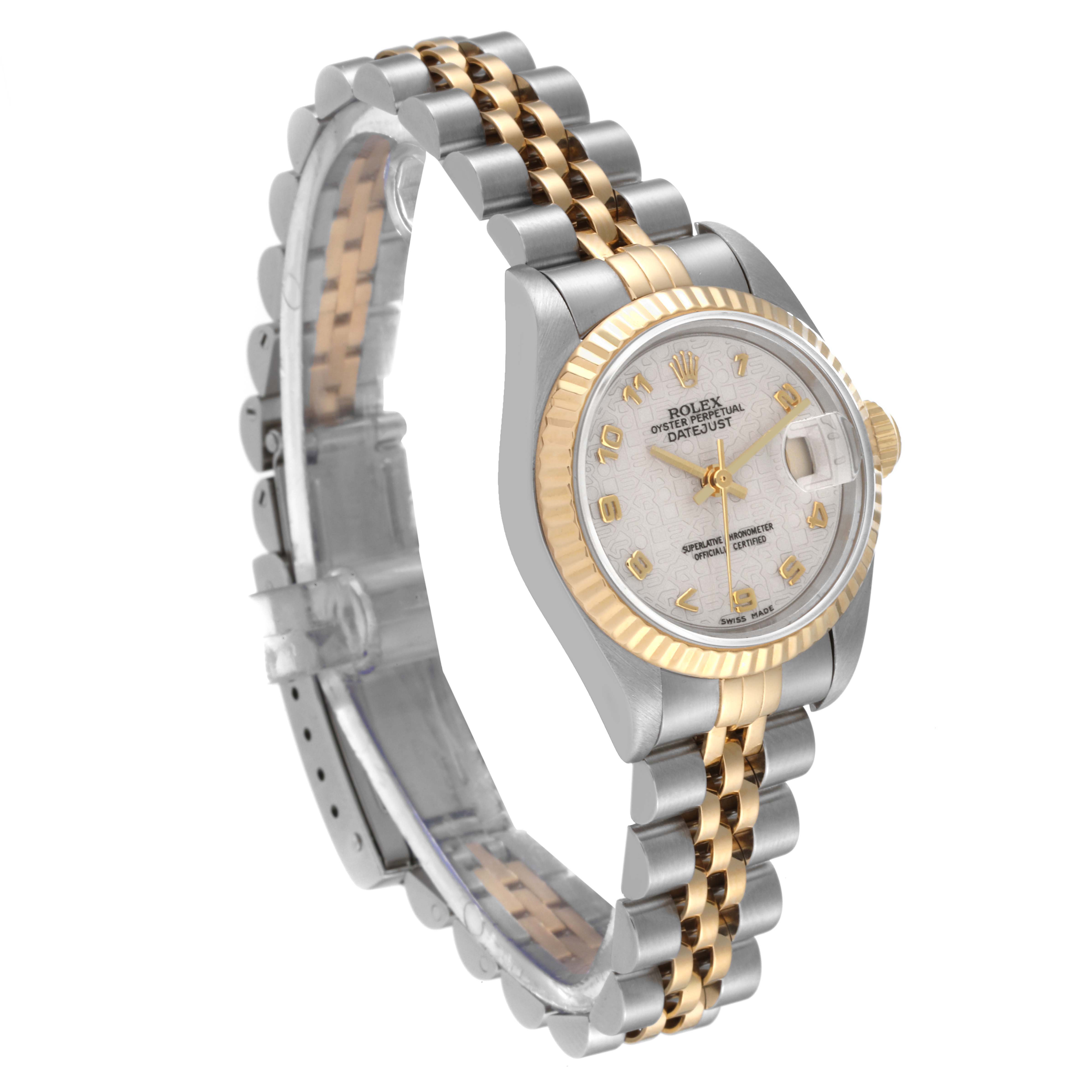 The Rolex Datejust 69173 Women's Steel and Gold (two tone) Beige Dial 69173 Women's Steel and Gold (two tone) Beige Dial watch is shown at a three-quarter angle, highlighting its gold-silver bracelet and white dial.