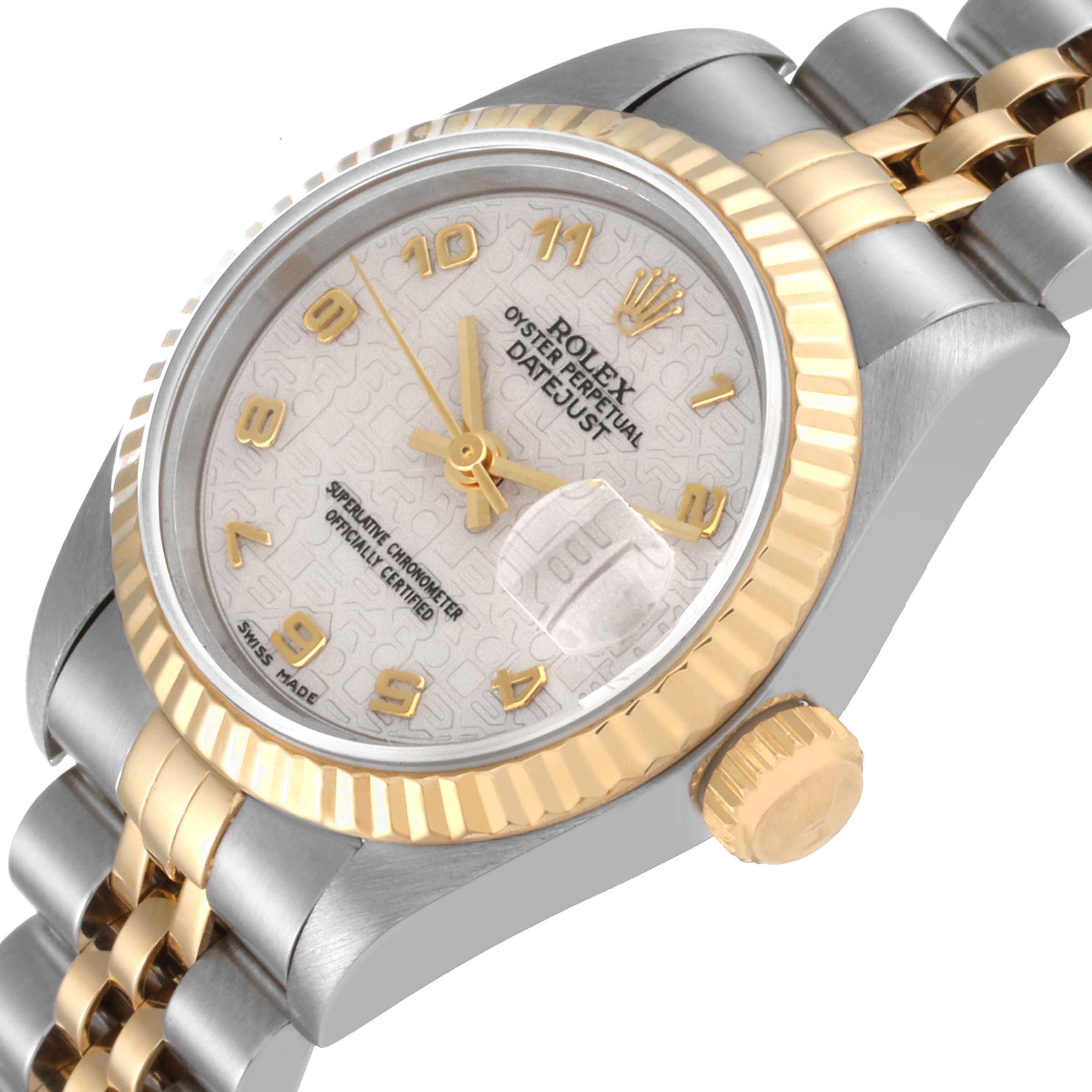 The image shows a close-up of the Rolex Datejust 69173 Women's Steel and Gold (two tone) Beige Dial 69173 Women's Steel and Gold (two tone) Beige Dial watch, focusing on the face, bezel, crown, and part of the bracelet.