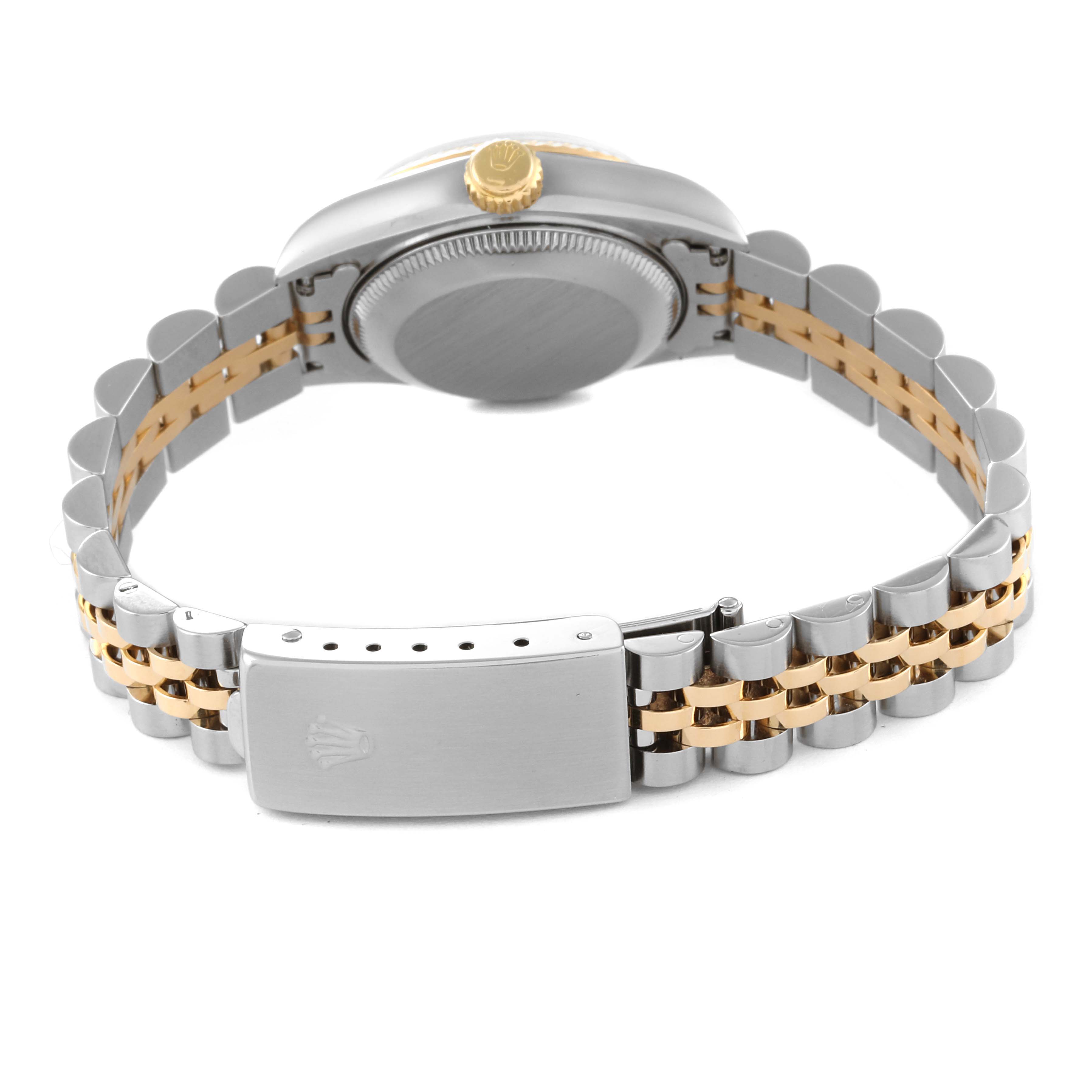This image shows the back of a Rolex Datejust 69173 Women's Steel and Gold (two tone) Beige Dial 69173 Women's Steel and Gold (two tone) Beige Dial watch, highlighting the bracelet, clasp, and case back.