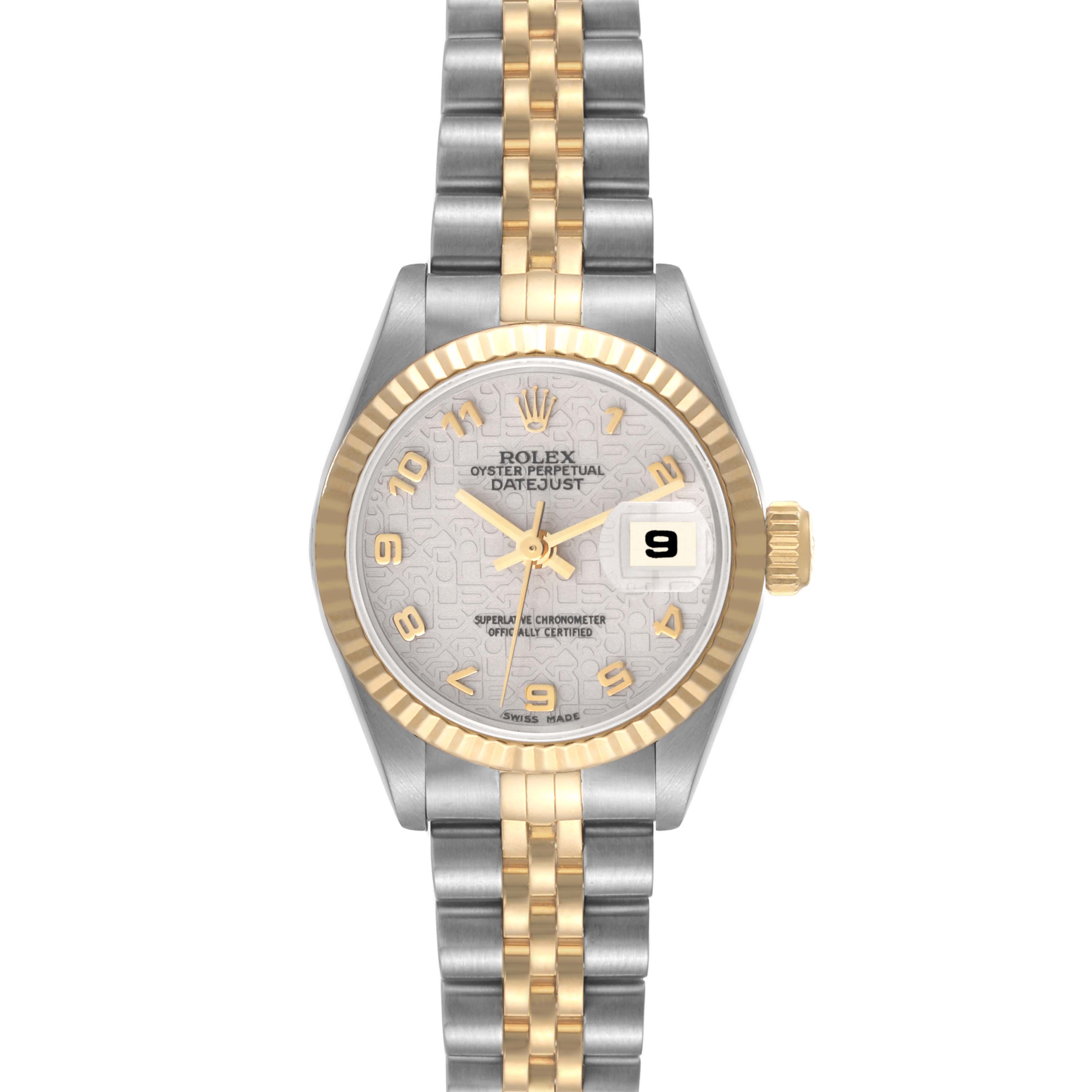 The image shows a front view of the Rolex Datejust 69173 Women's Steel and Gold (two tone) Beige Dial 69173 Women's Steel and Gold (two tone) Beige Dial watch, featuring its dial, bezel, and two-tone bracelet.