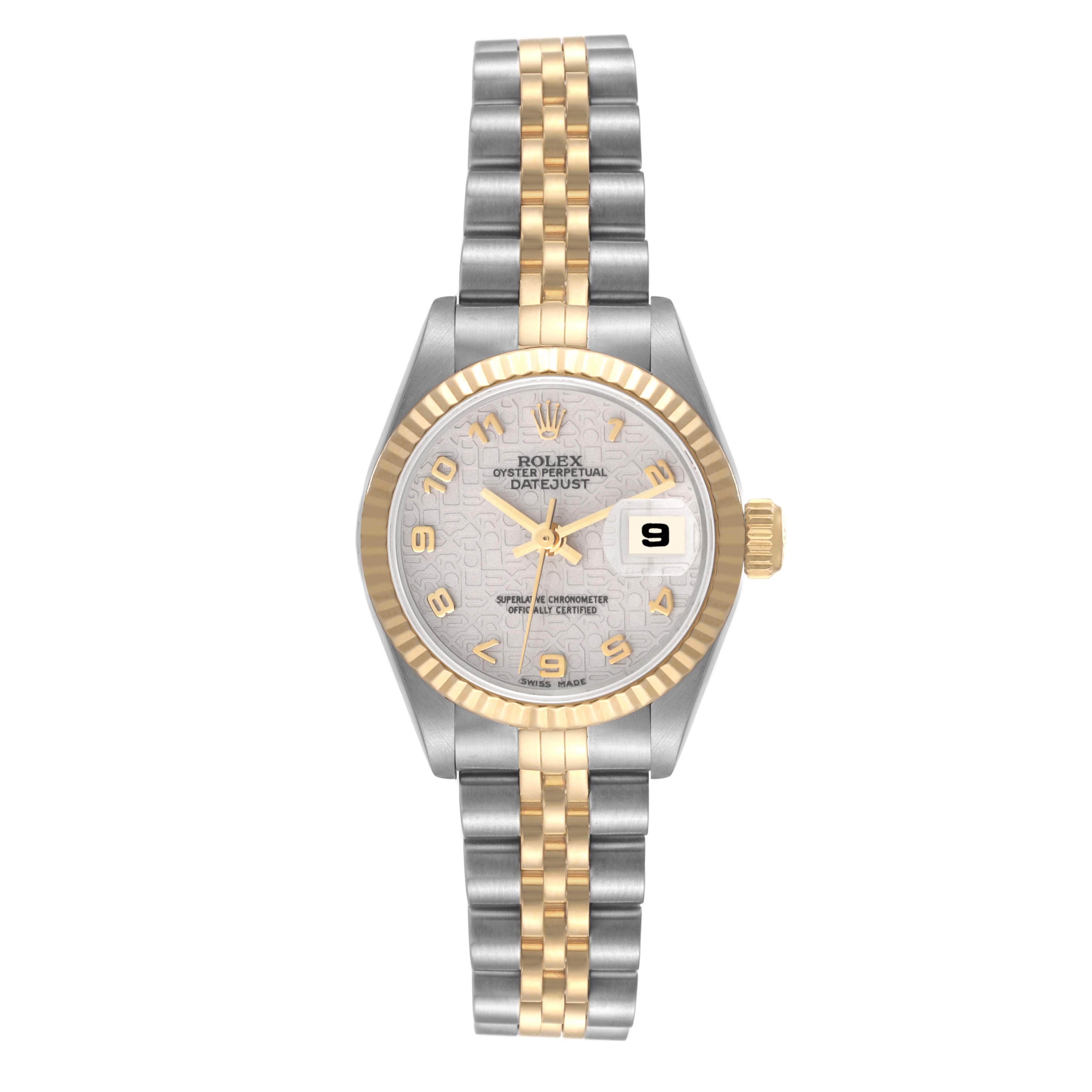 The image shows a front view of a Rolex Datejust 69173 Women's Steel and Gold (two tone) Beige Dial 69173 Women's Steel and Gold (two tone) Beige Dial watch, highlighting its two-tone bracelet, fluted bezel, and date display.