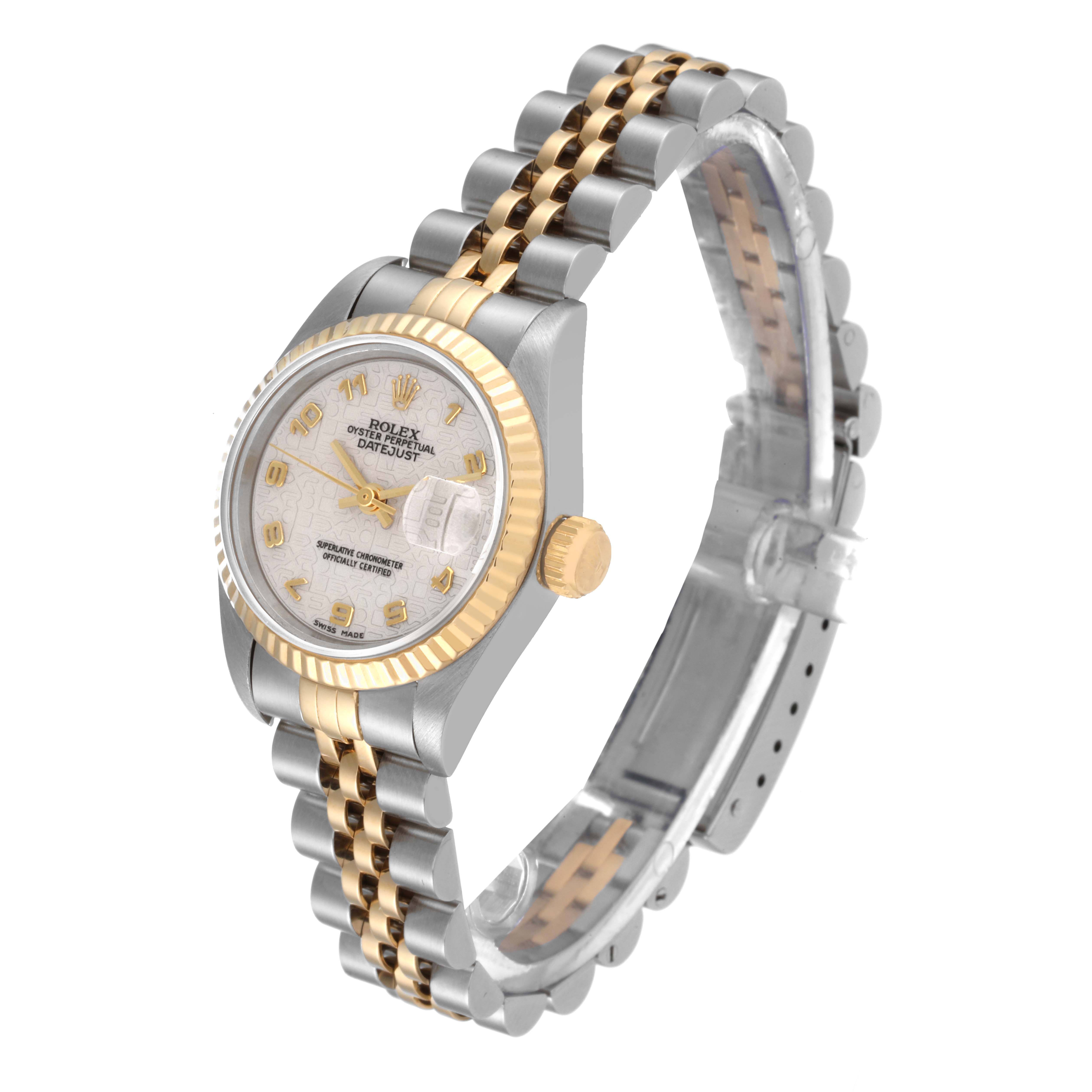 The Rolex Datejust 69173 Women's Steel and Gold (two tone) Beige Dial 69173 Women's Steel and Gold (two tone) Beige Dial watch is shown at a slight angle, highlighting the face, crown, and two-tone bracelet.