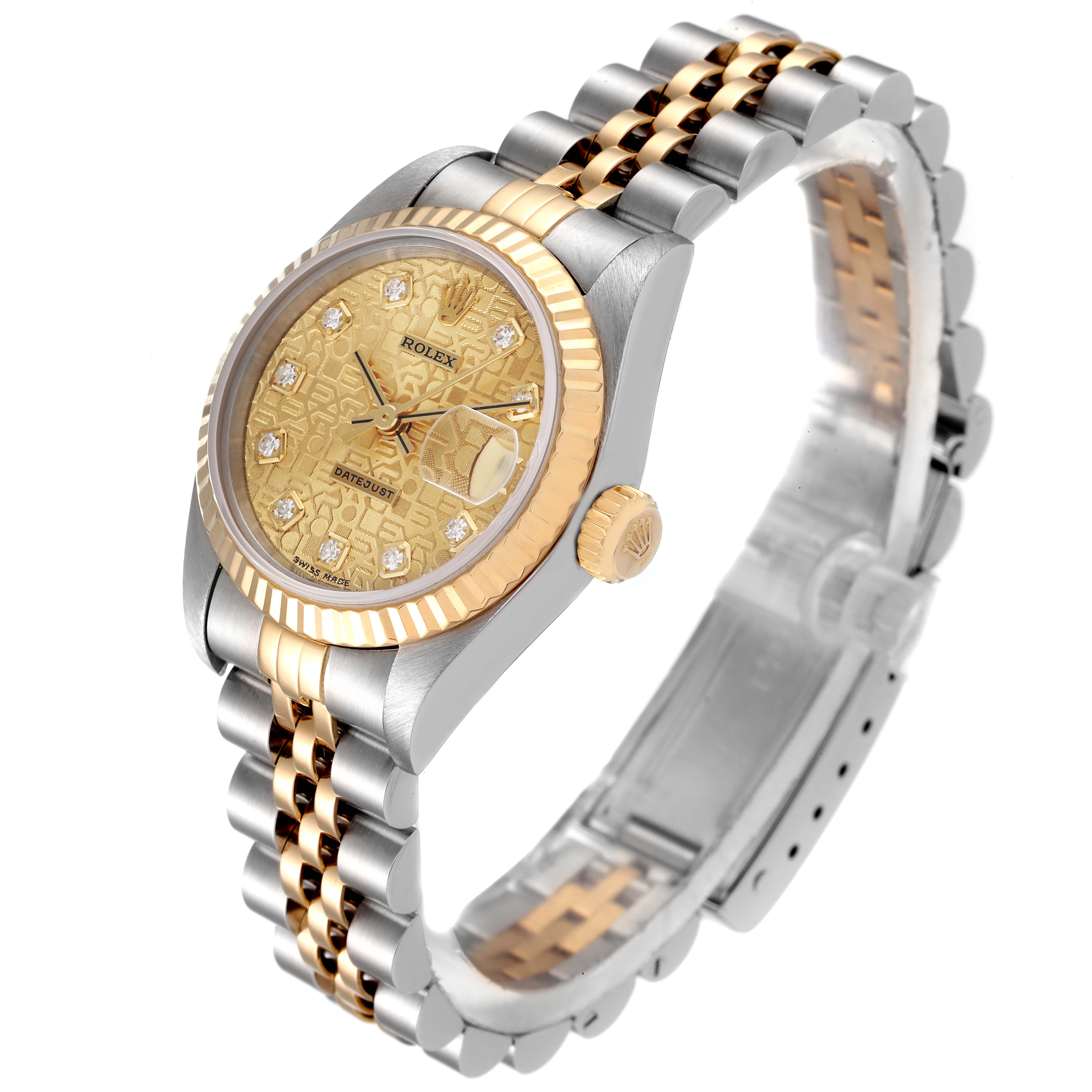 This image shows a Rolex Datejust 69173 Women's Steel and Gold (two tone) Champagne Dial 69173 Women's Steel and Gold (two tone) Champagne Dial watch at a 3/4 angle, highlighting the dial, fluted bezel, and two-tone Jubilee bracelet.