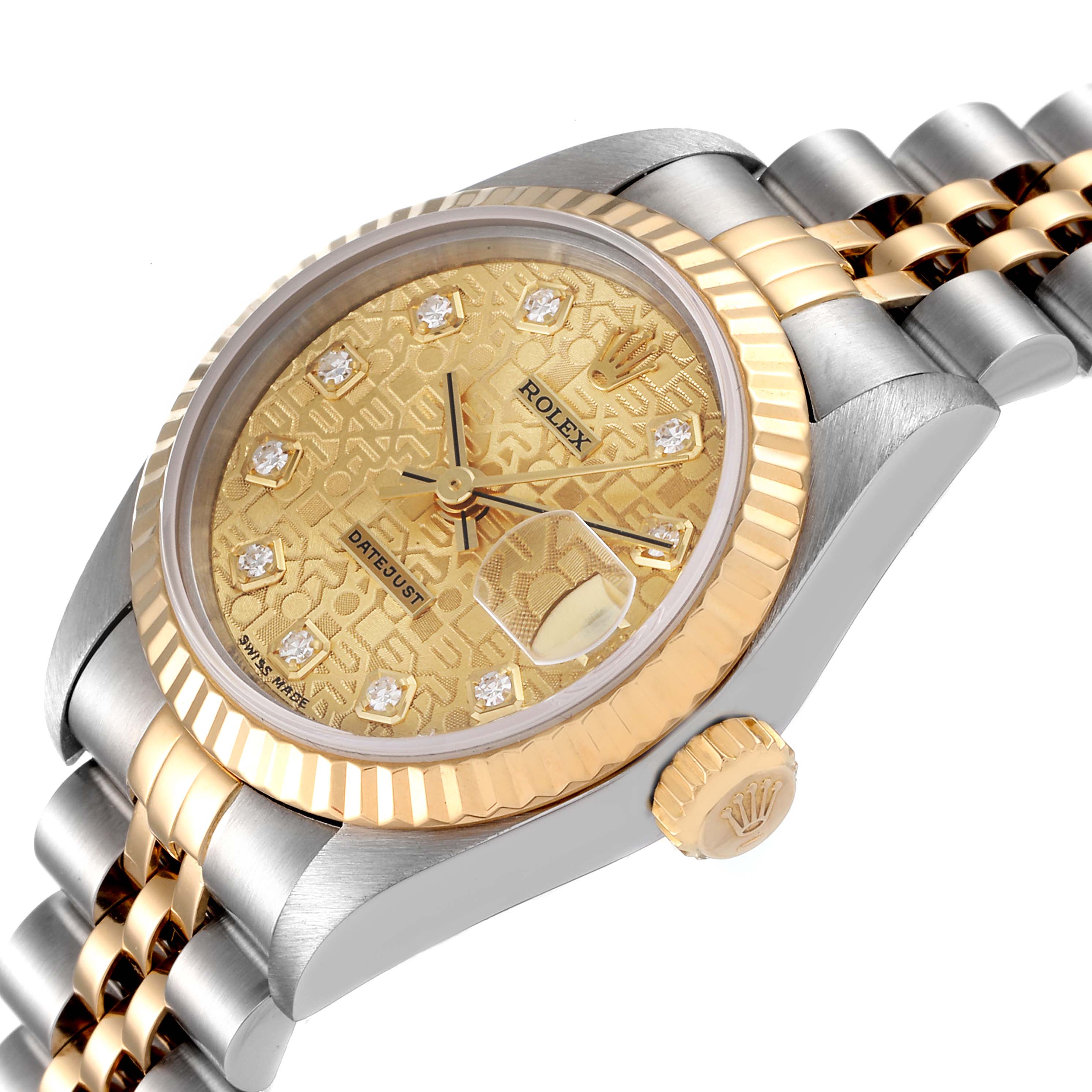 The image shows a Rolex Datejust 69173 Women's Steel and Gold (two tone) Champagne Dial 69173 Women's Steel and Gold (two tone) Champagne Dial watch at a slight angle, highlighting the dial, bezel, crown, and part of the bracelet.