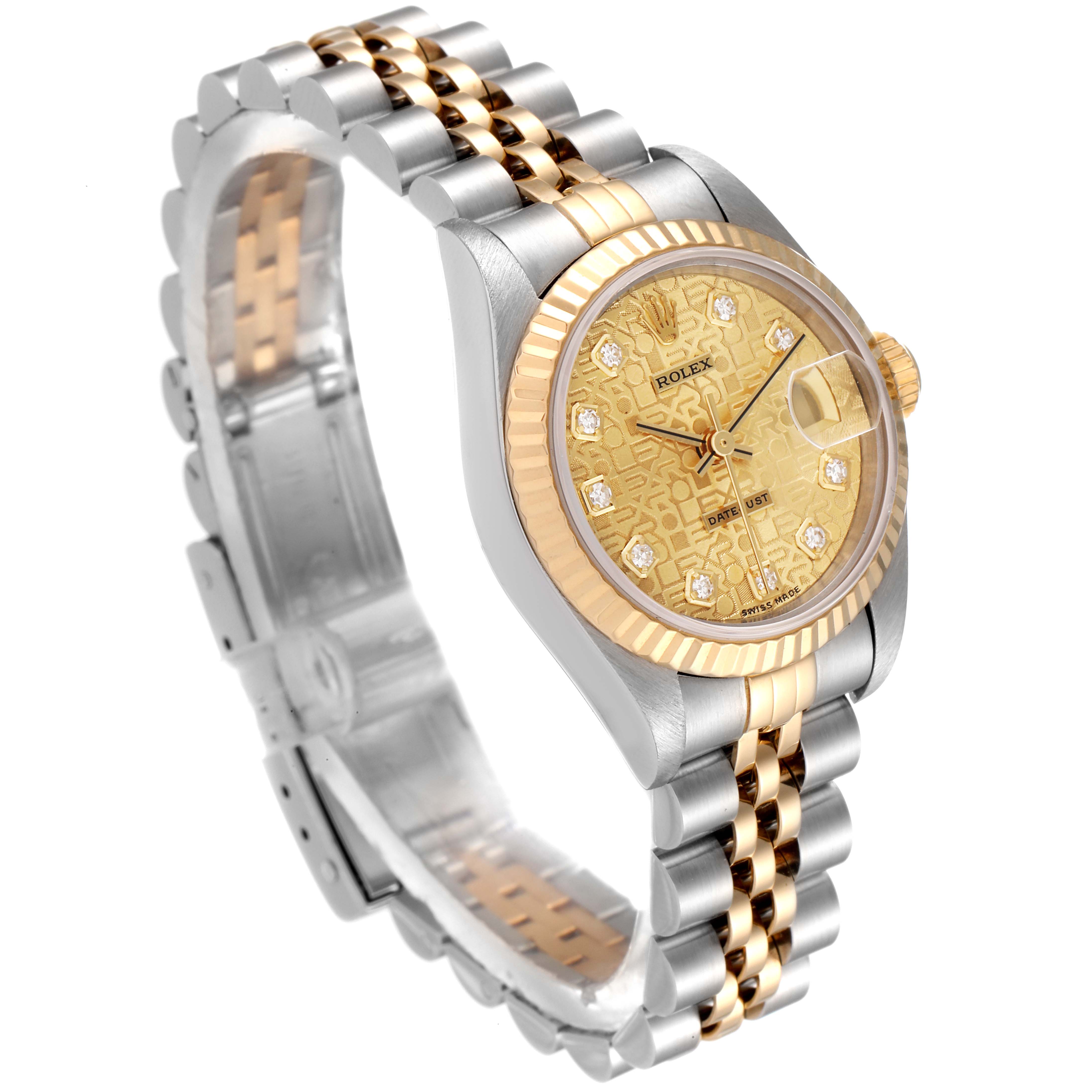 The Rolex Datejust 69173 Women's Steel and Gold (two tone) Champagne Dial 69173 Women's Steel and Gold (two tone) Champagne Dial watch is shown at an angle highlighting its dial, case, and Jubilee bracelet.