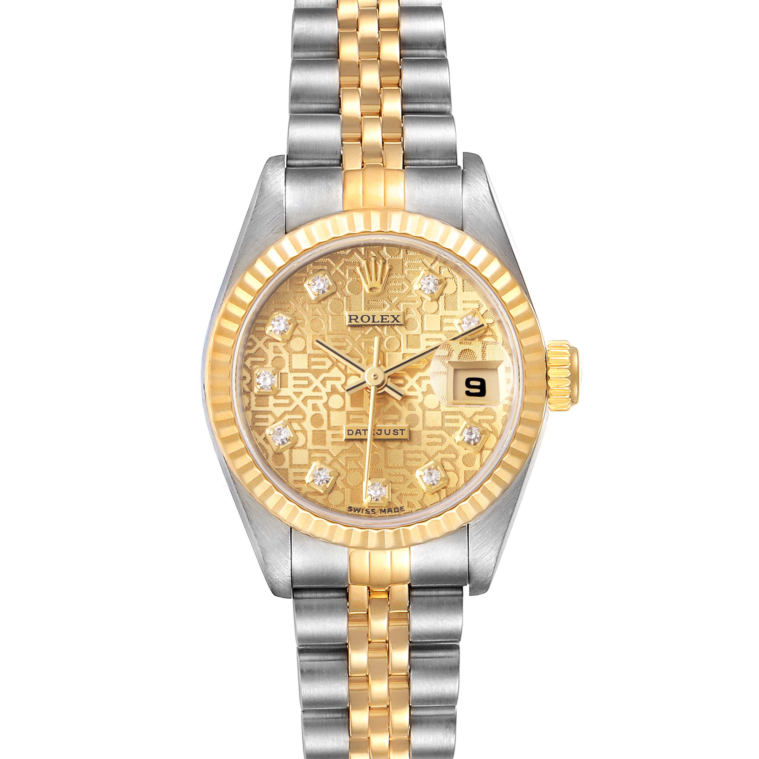 This image shows a frontal view of a Rolex Datejust 69173 Women's Steel and Gold (two tone) Champagne Dial 69173 Women's Steel and Gold (two tone) Champagne Dial watch with a gold dial, diamond markers, and a two-tone bracelet.