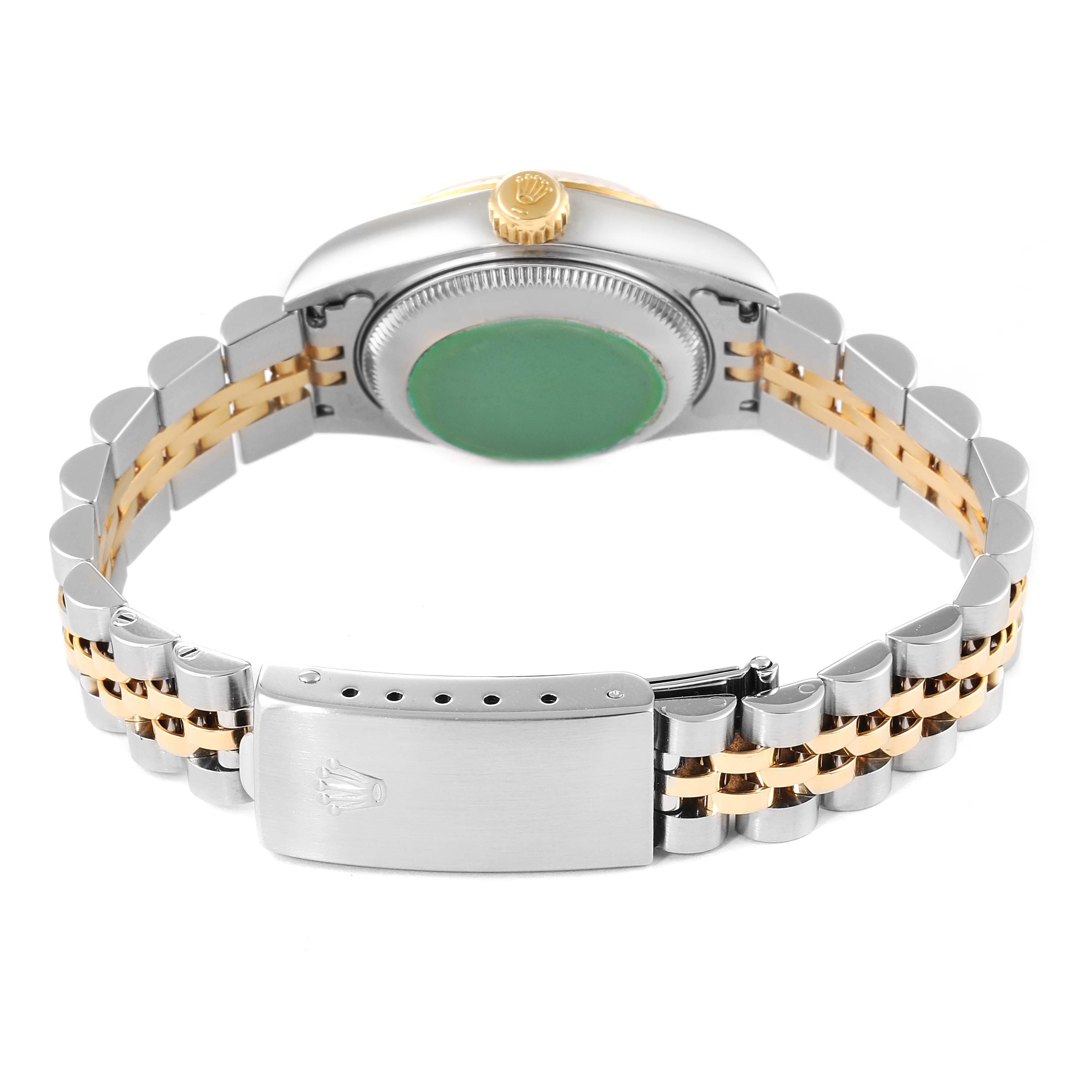 The image shows the back view of a Rolex Datejust 69173 Women's Steel and Gold (two tone) Champagne Dial 69173 Women's Steel and Gold (two tone) Champagne Dial watch, highlighting the crown, case back, and Jubilee bracelet with clasp.