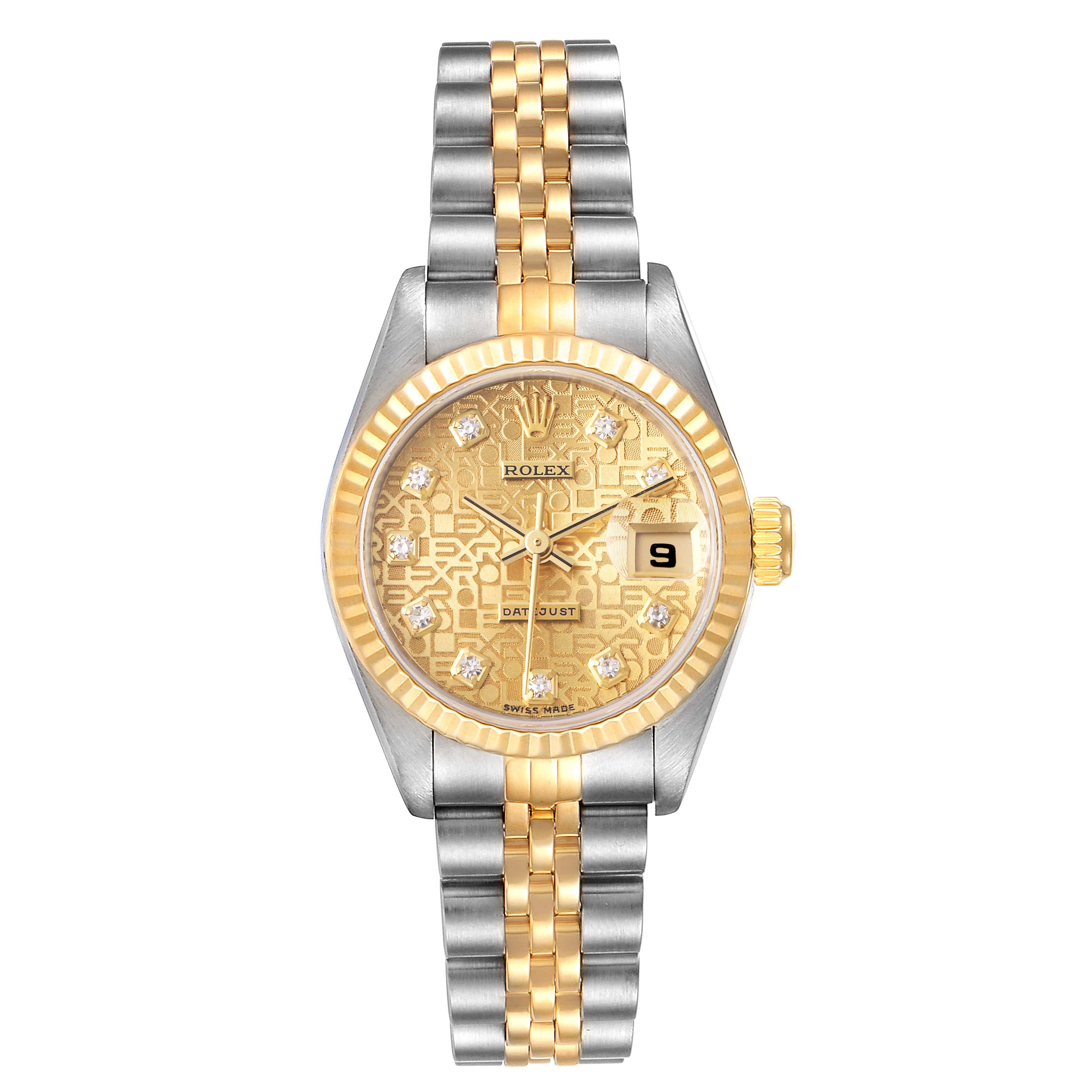 The Rolex Datejust 69173 Women's Steel and Gold (two tone) Champagne Dial 69173 Women's Steel and Gold (two tone) Champagne Dial watch is shown from a top-down angle, highlighting the face, bezel, crown, and bracelet.