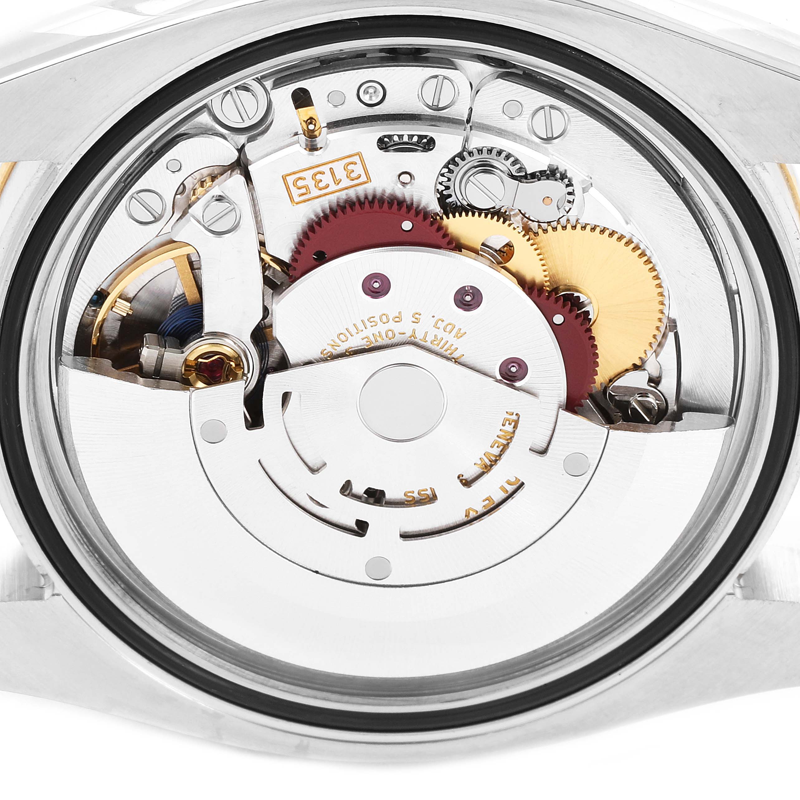 The image shows an exposed view of the movement mechanism of a Rolex Datejust 116243 Men's Steel and Gold (two tone) Champagne Dial 116243 Men's Steel and Gold (two tone) Champagne Dial model watch.